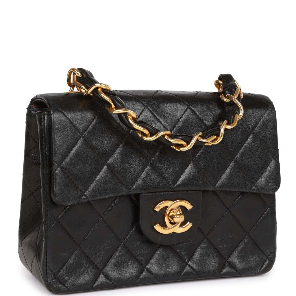 Vintage Chanel Mini Flap Chain Handle Bag Black Lambskin Gold Hardware
