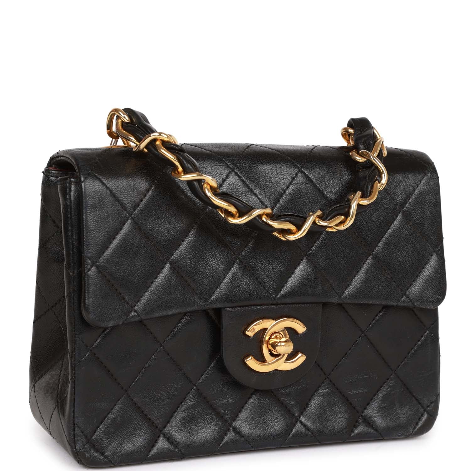 Vintage Chanel Mini Flap Chain Handle Bag Black Lambskin Gold Hardware