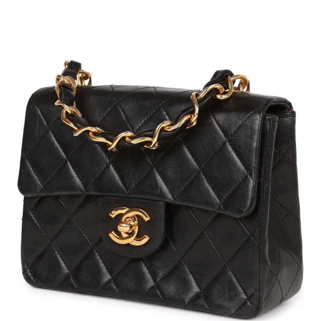 Vintage Chanel Mini Flap Chain Handle Bag Black Lambskin Gold Hardware