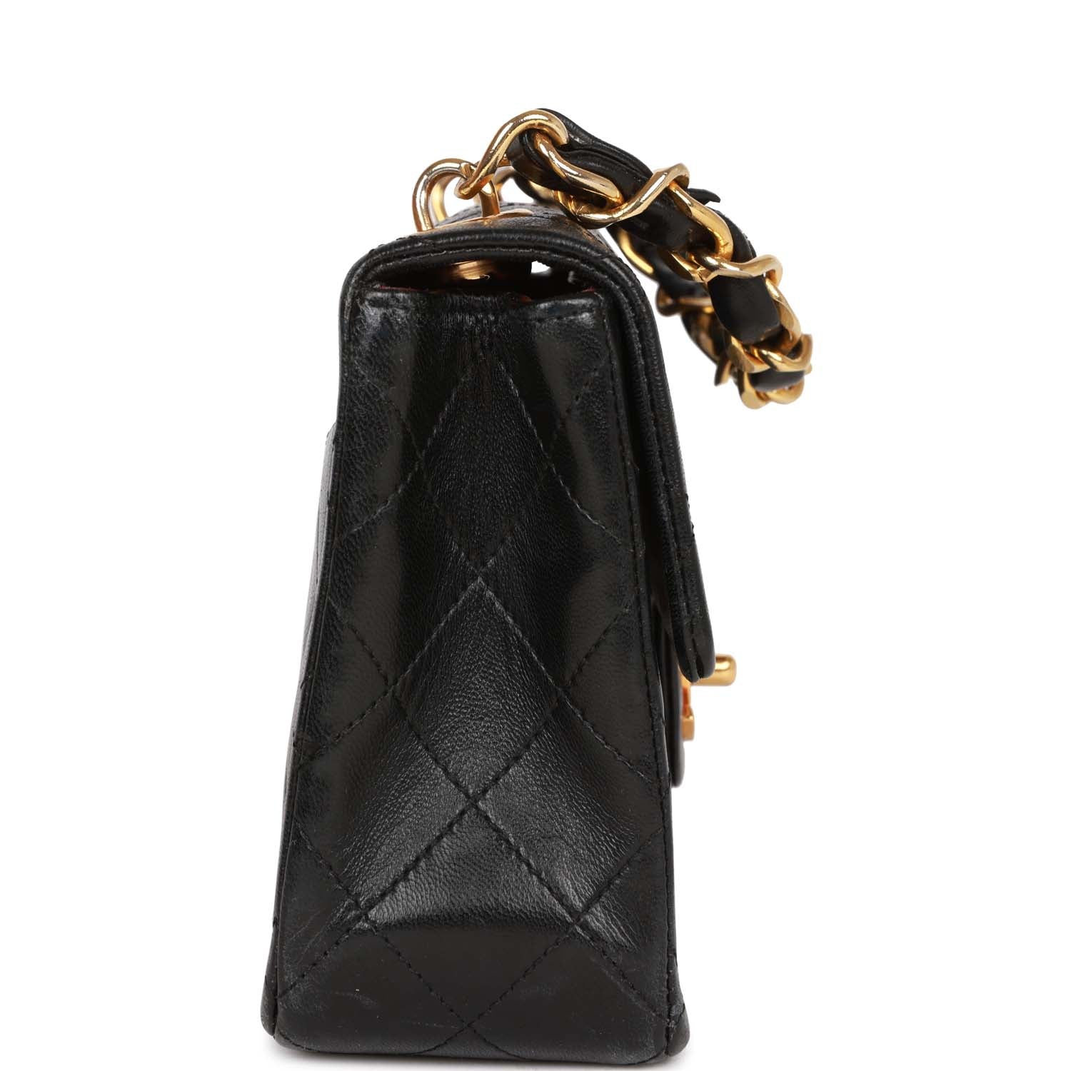 Vintage Chanel Mini Flap Chain Handle Bag Black Lambskin Gold Hardware