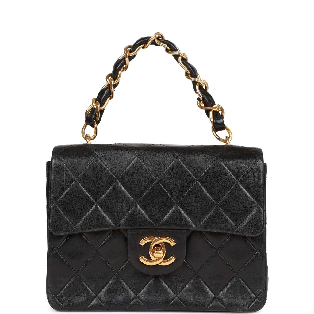 Vintage Chanel Mini Flap Chain Handle Bag Black Lambskin Gold Hardware