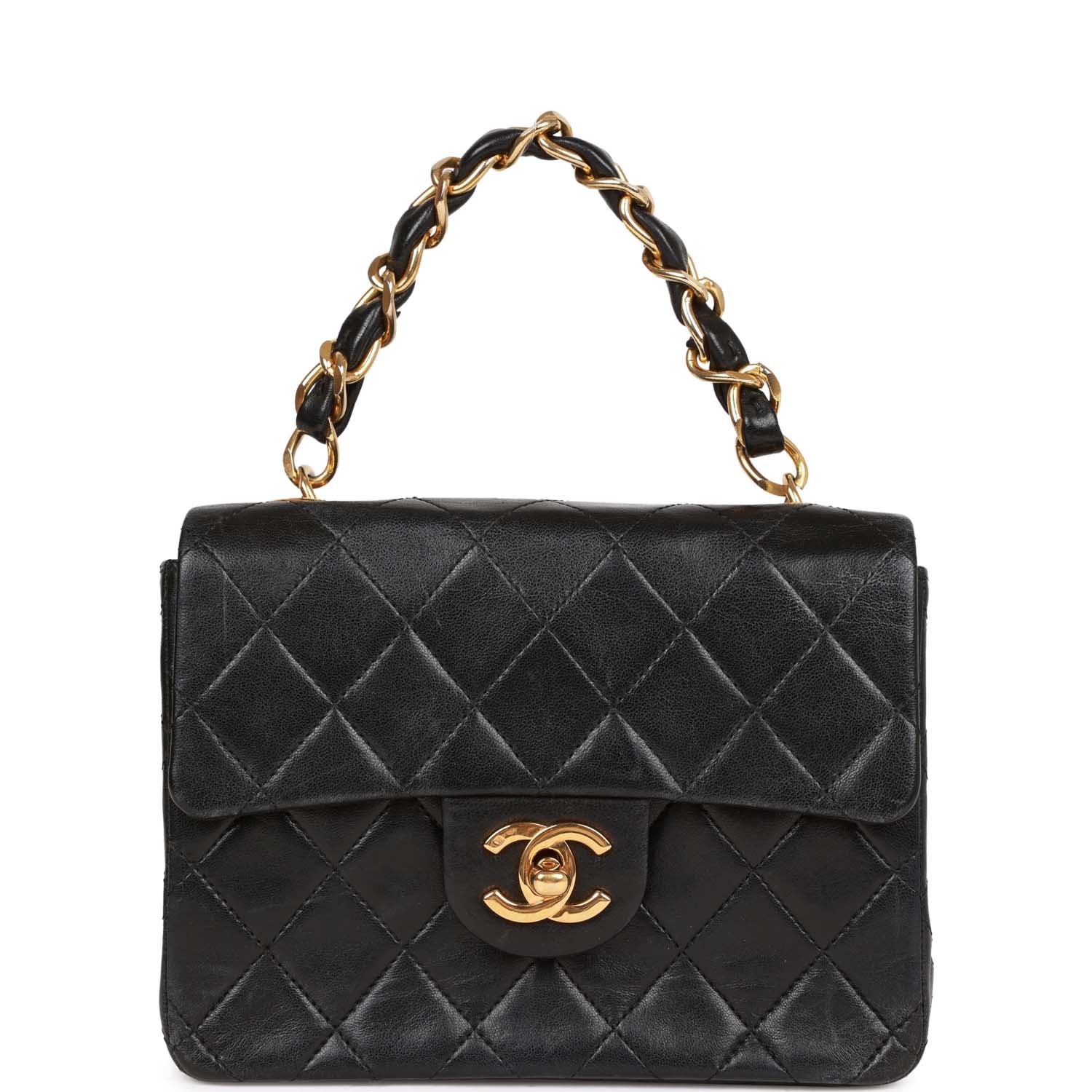 Vintage Chanel Mini Flap Chain Handle Bag Black Lambskin Gold Hardware