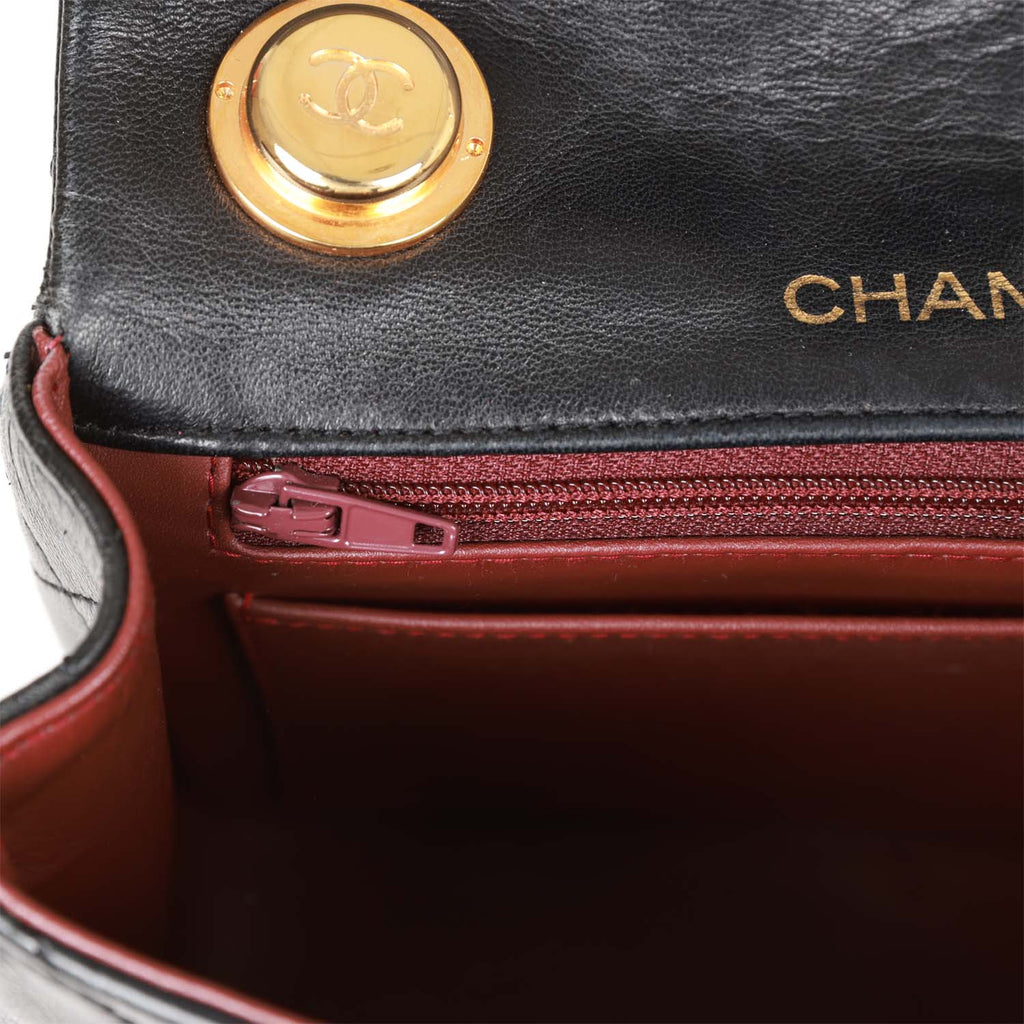 Vintage Chanel Mini Flap Chain Handle Bag Black Lambskin Gold Hardware