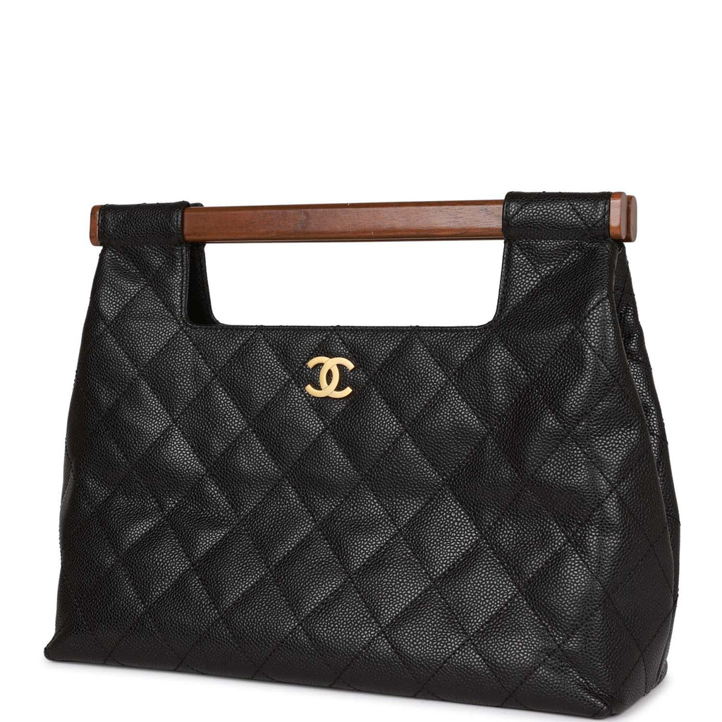 Vintage Chanel Wood Top Handle Bag Black Caviar Gold Hardware
