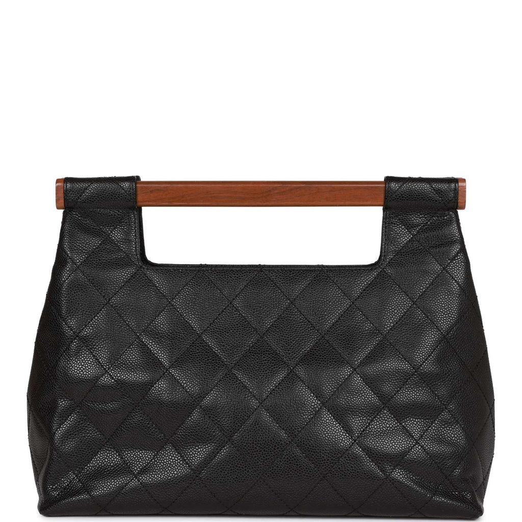 Vintage Chanel Wood Top Handle Bag Black Caviar Gold Hardware