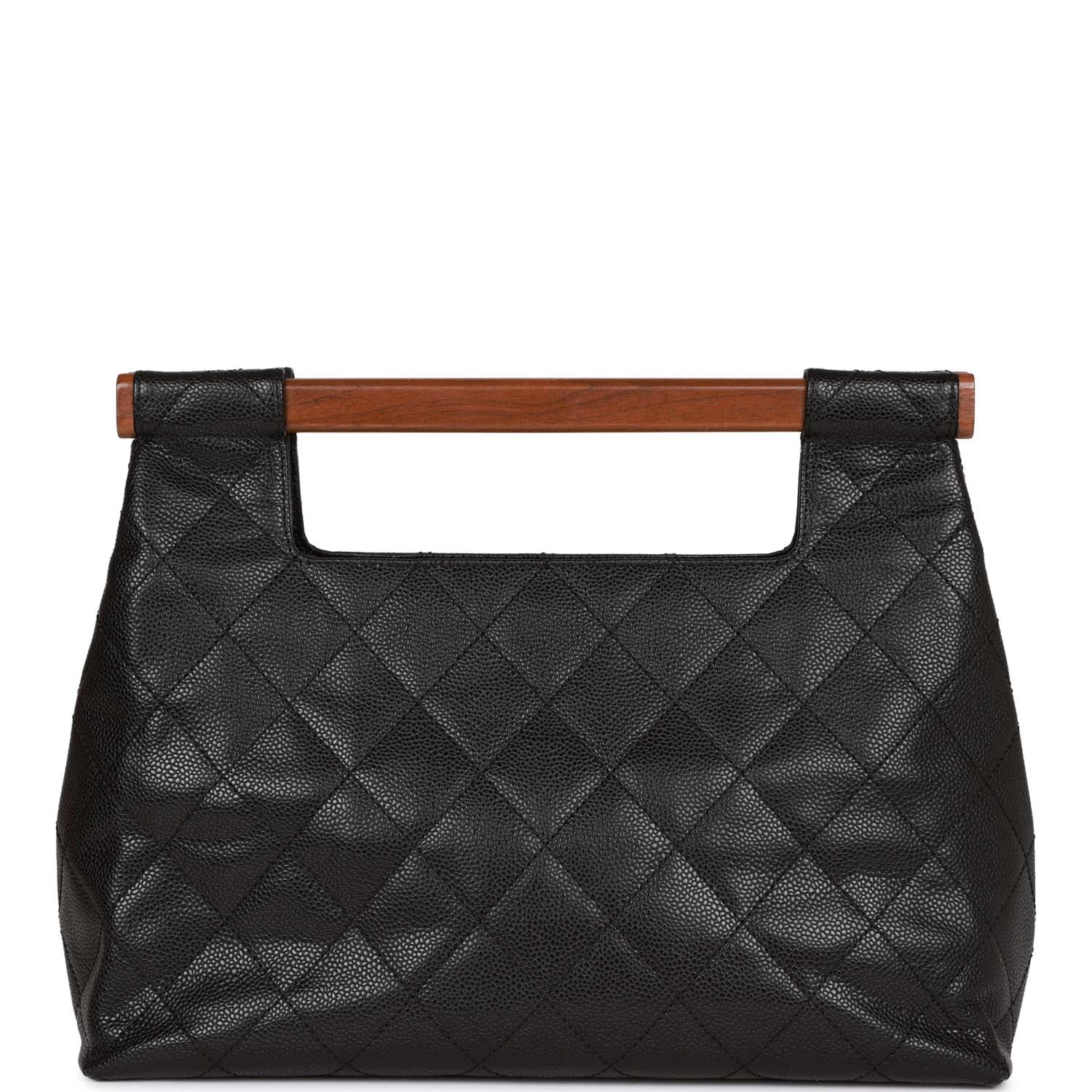 Vintage Chanel Wood Top Handle Bag Black Caviar Gold Hardware