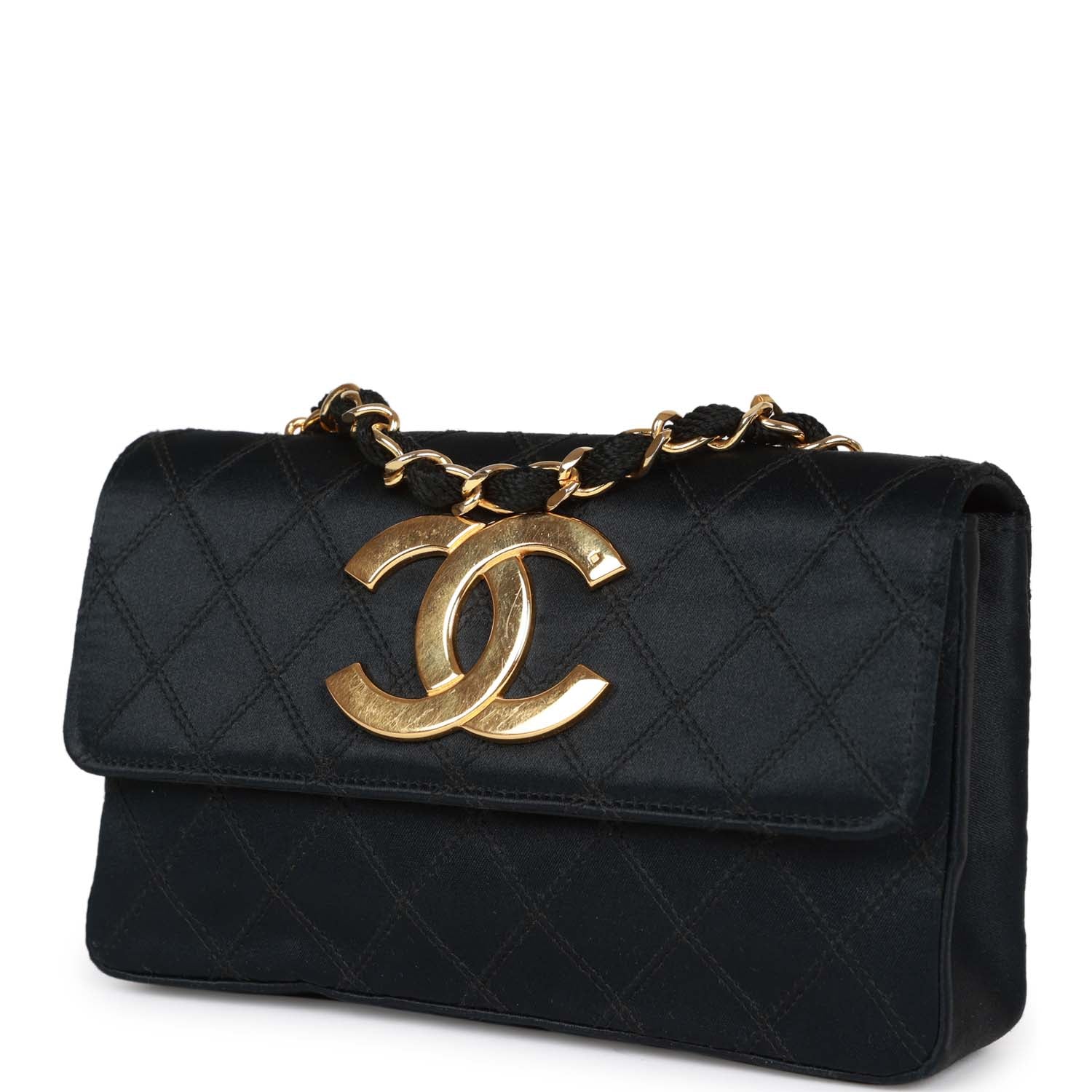 Vintage Chanel CC Shoulder Flap Bag Black Satin Gold Hardware
