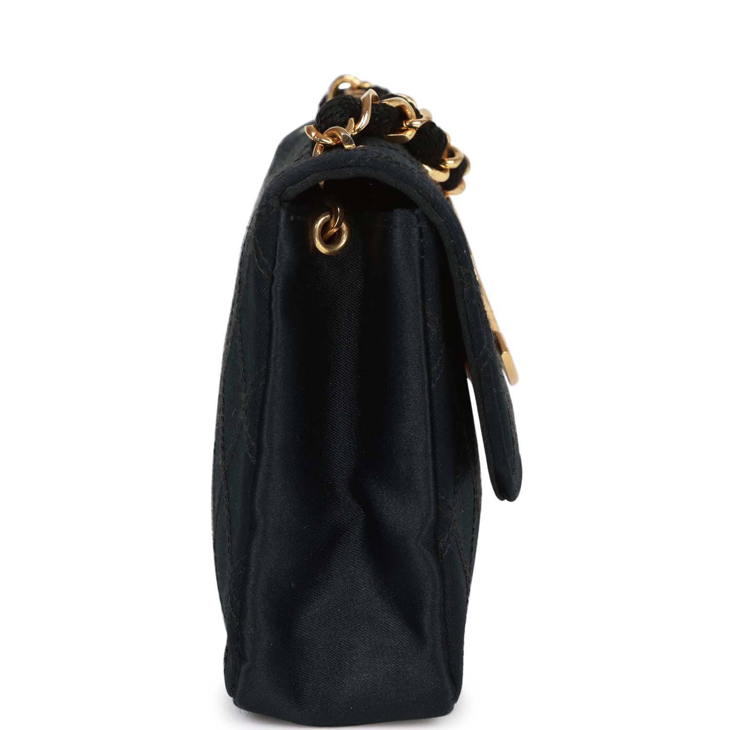 Vintage Chanel CC Shoulder Flap Bag Black Satin Gold Hardware