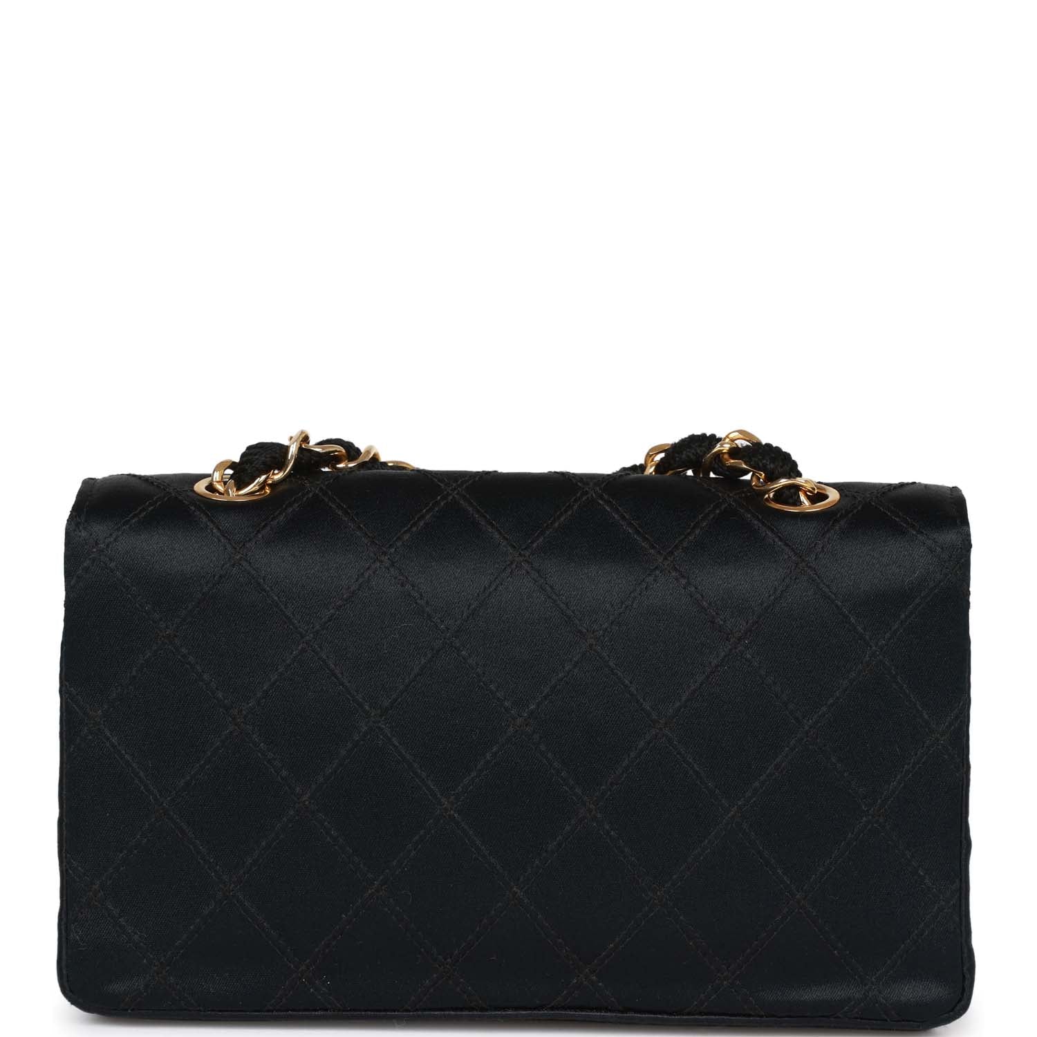 Vintage Chanel CC Shoulder Flap Bag Black Satin Gold Hardware