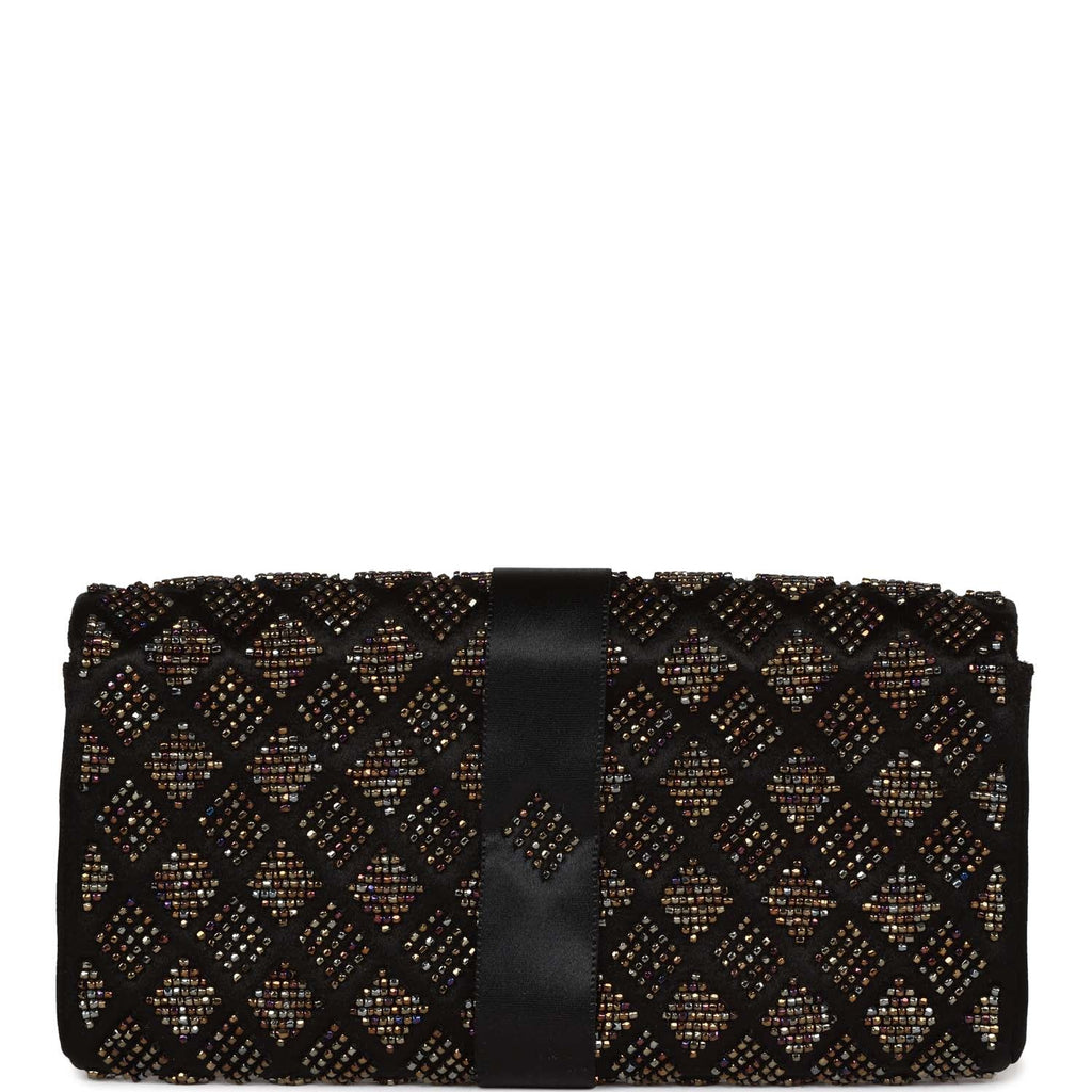 Vintage Chanel Bead Embellished Bow Flap Clutch Black Satin