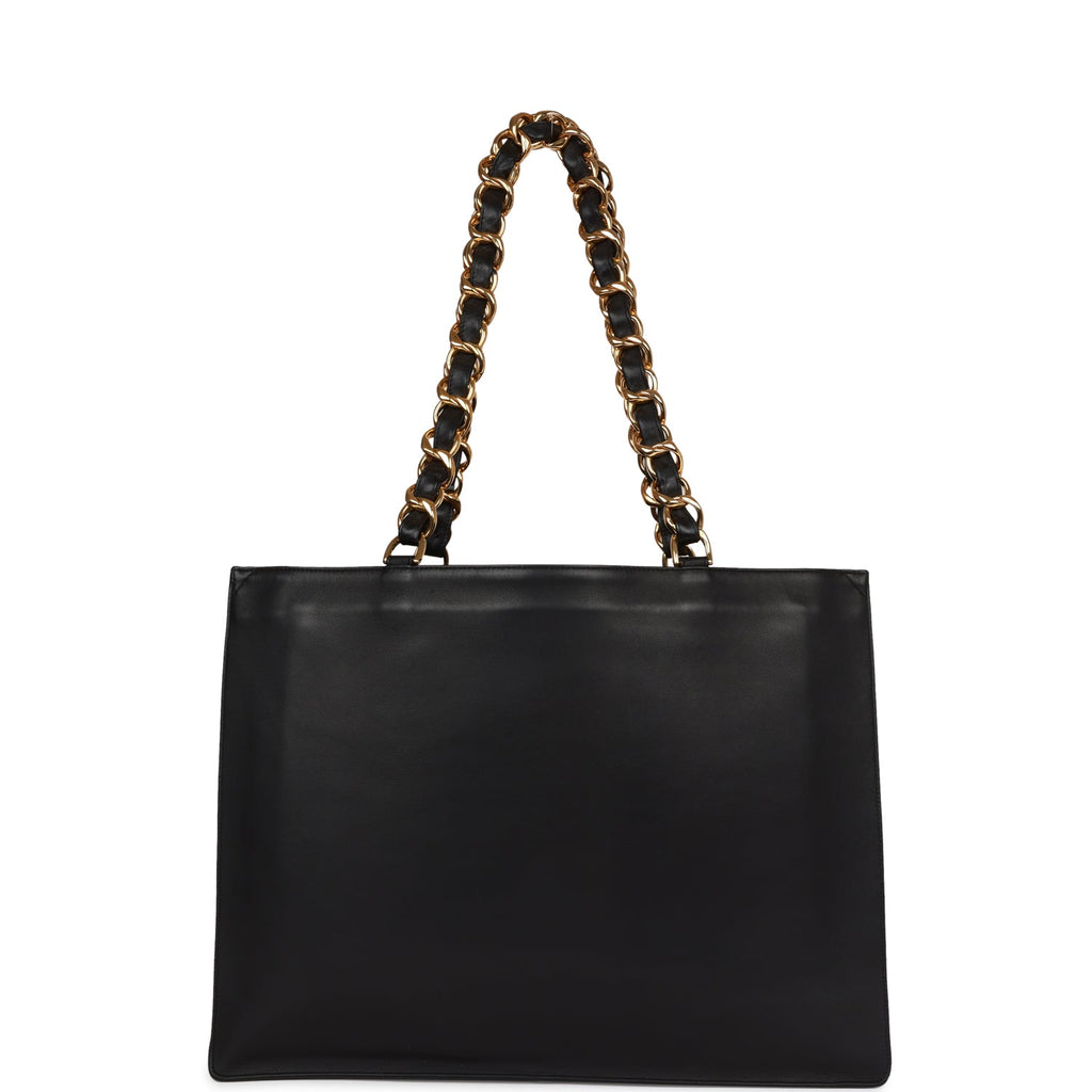 Vintage Chanel CC Chain Shopping Tote Bag Black Lambskin Gold Hardware