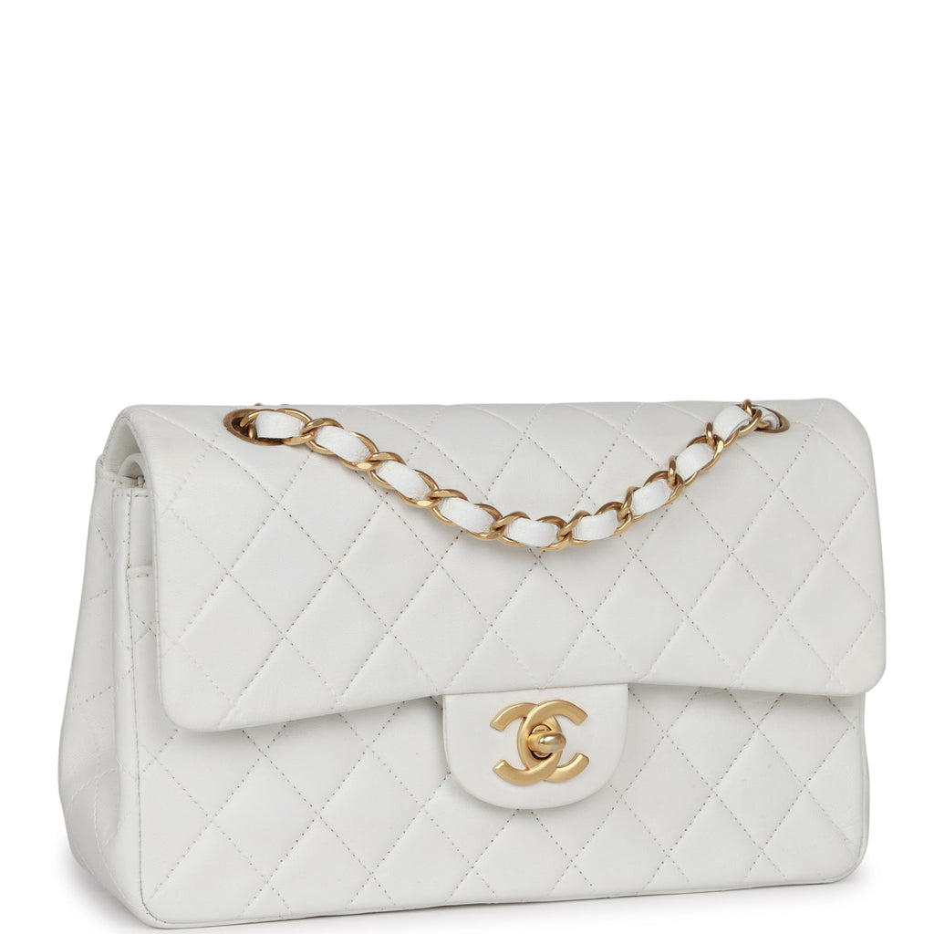 Vintage Chanel Small Classic Double Flap White Lambskin Gold Hardware