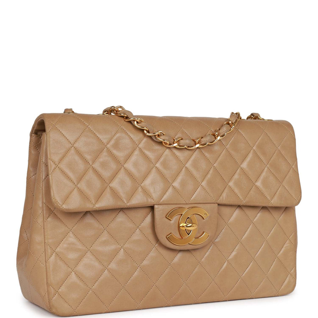 Vintage Chanel XL Maxi Flap Bag Beige Lambskin Gold Hardware