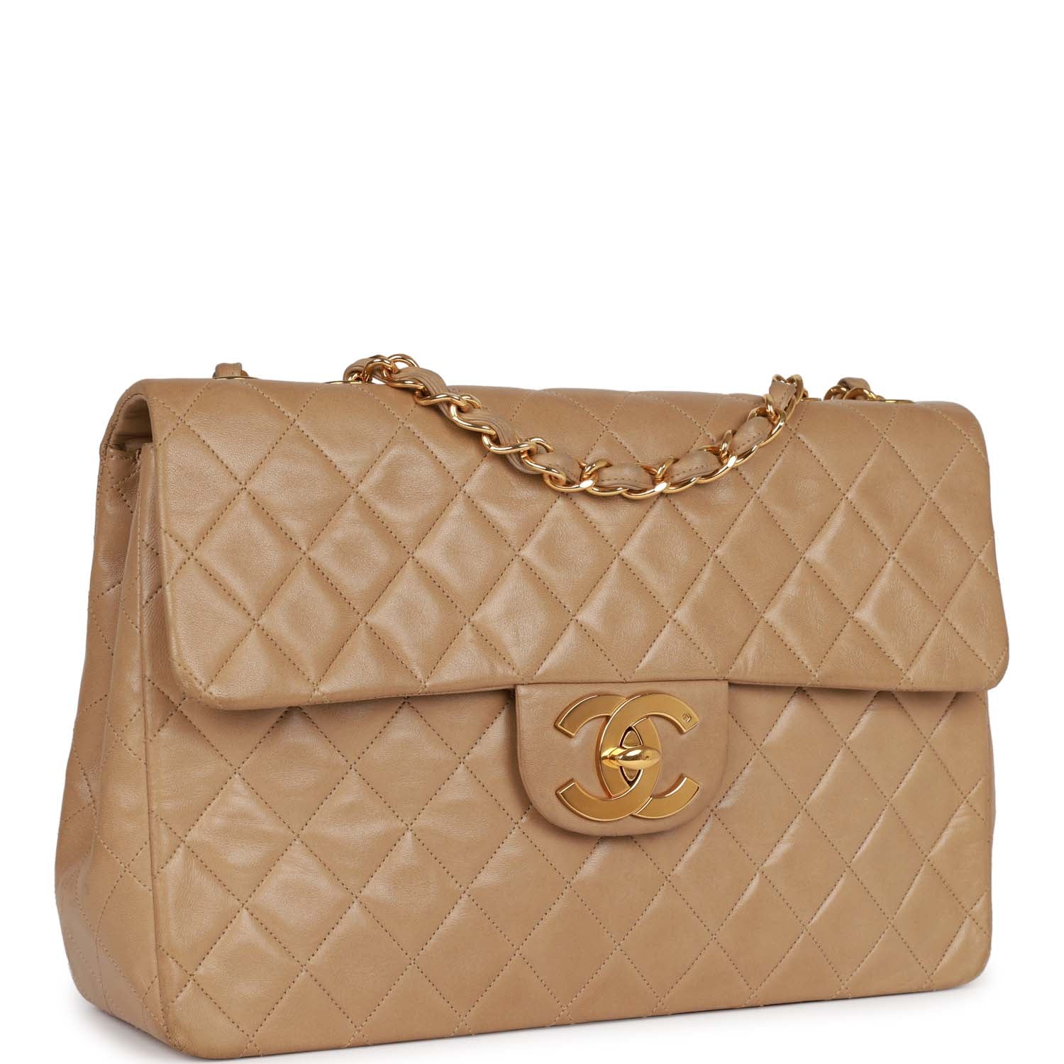 Vintage Chanel XL Maxi Flap Bag Beige Lambskin Gold Hardware