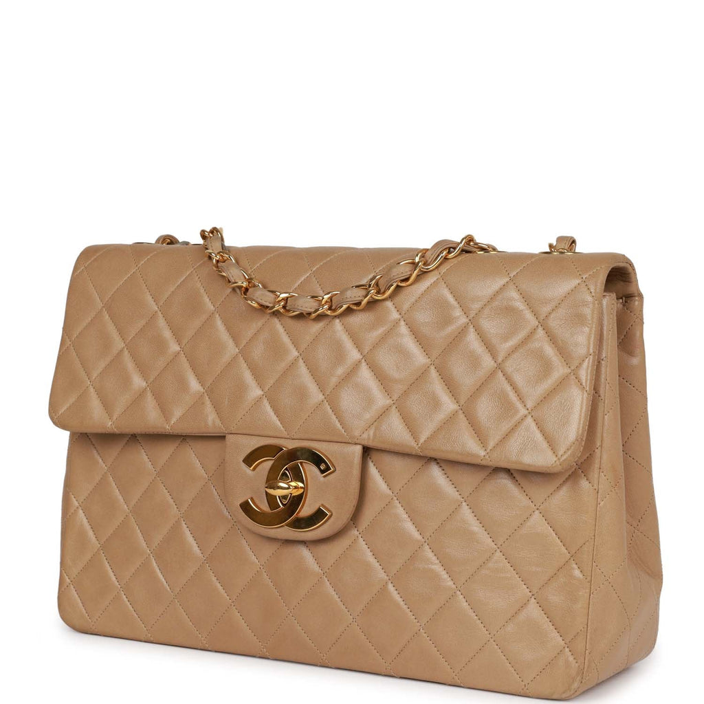 Vintage Chanel XL Maxi Flap Bag Beige Lambskin Gold Hardware
