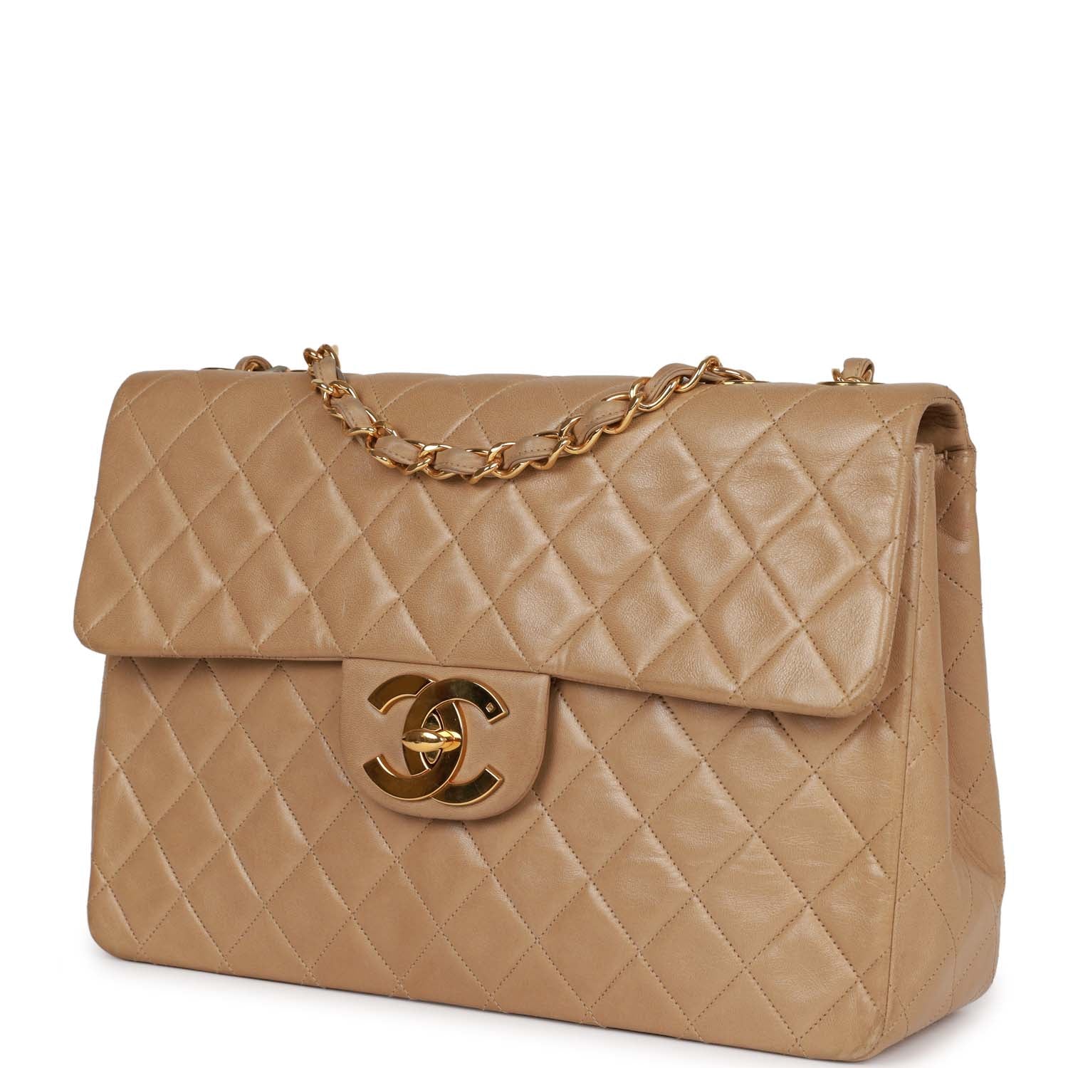 Vintage Chanel XL Maxi Flap Bag Beige Lambskin Gold Hardware