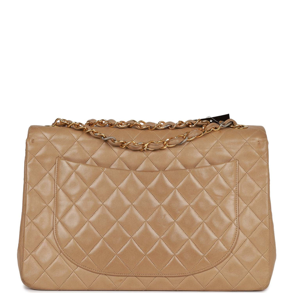 Vintage Chanel XL Maxi Flap Bag Beige Lambskin Gold Hardware