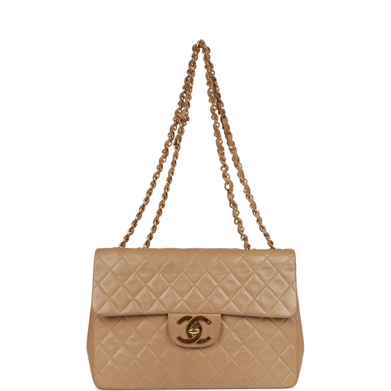 Vintage Chanel XL Maxi Flap Bag Beige Lambskin Gold Hardware