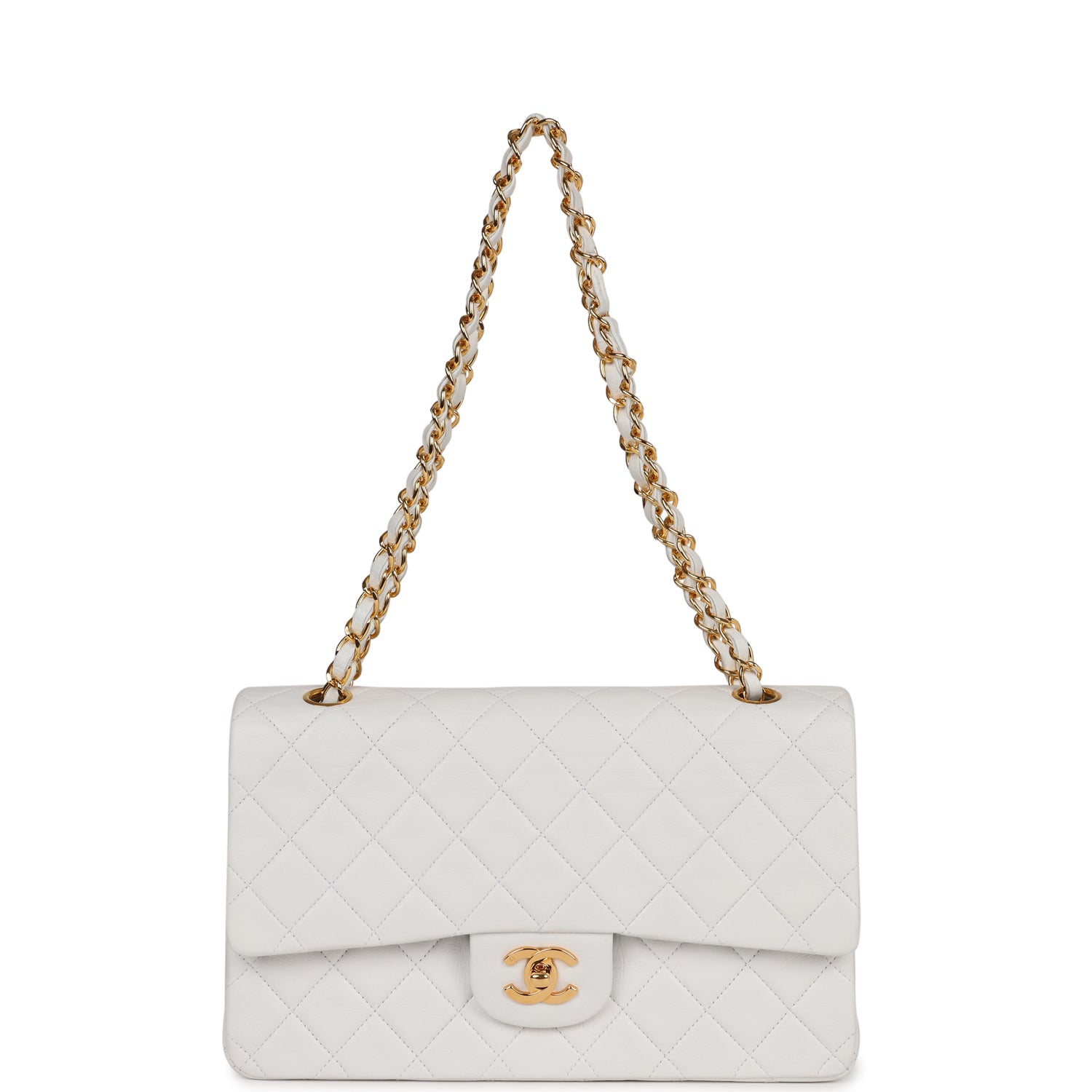 Vintage Chanel Medium Classic Double Flap Bag White Lambskin Gold Hardware