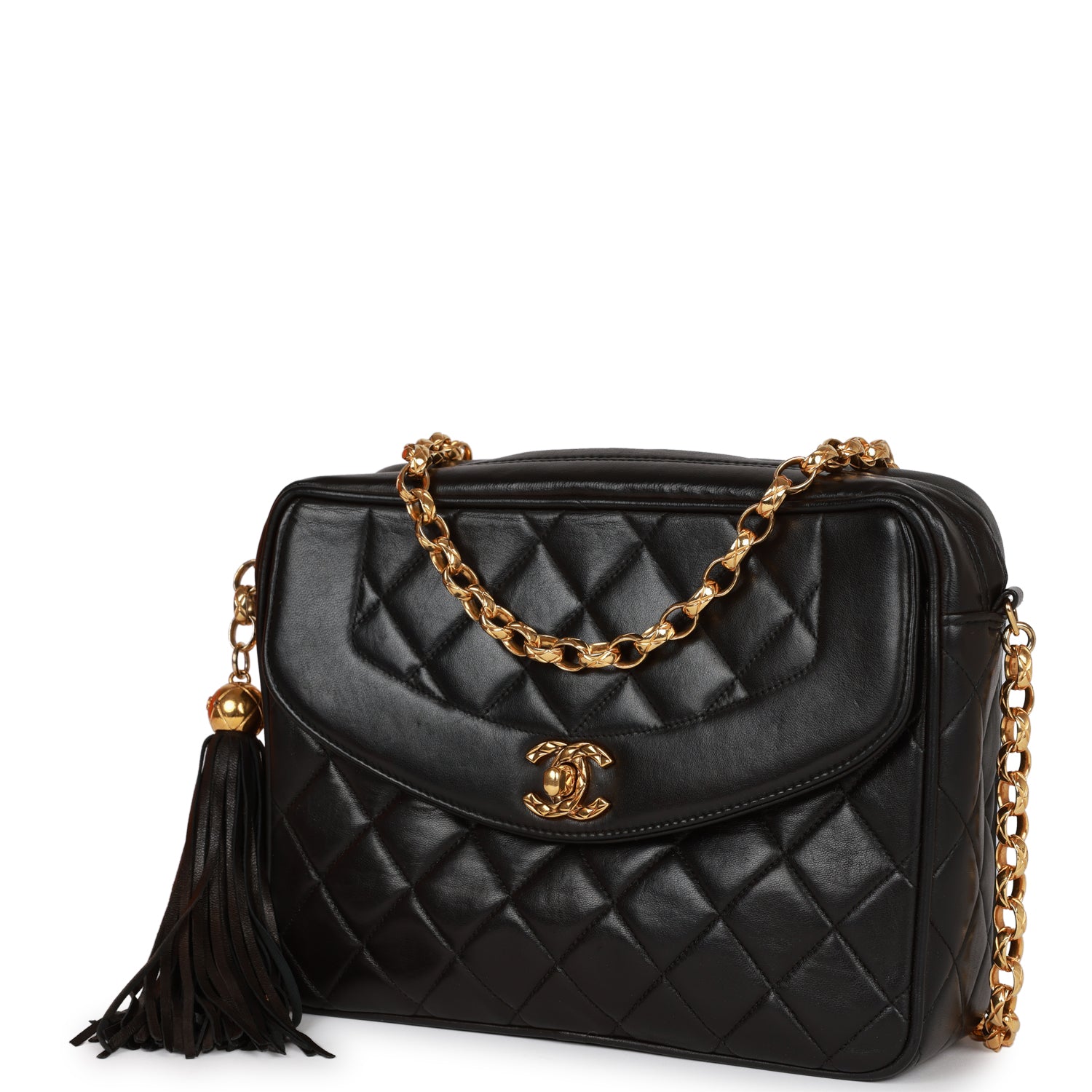 Vintage Chanel Small Diana Fringe Camera Bag Black Lambskin Gold Hardware