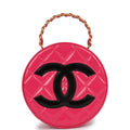 Vintage Chanel Round Vanity Bag Pink and Black Patent Leather Antique Gold Hardware