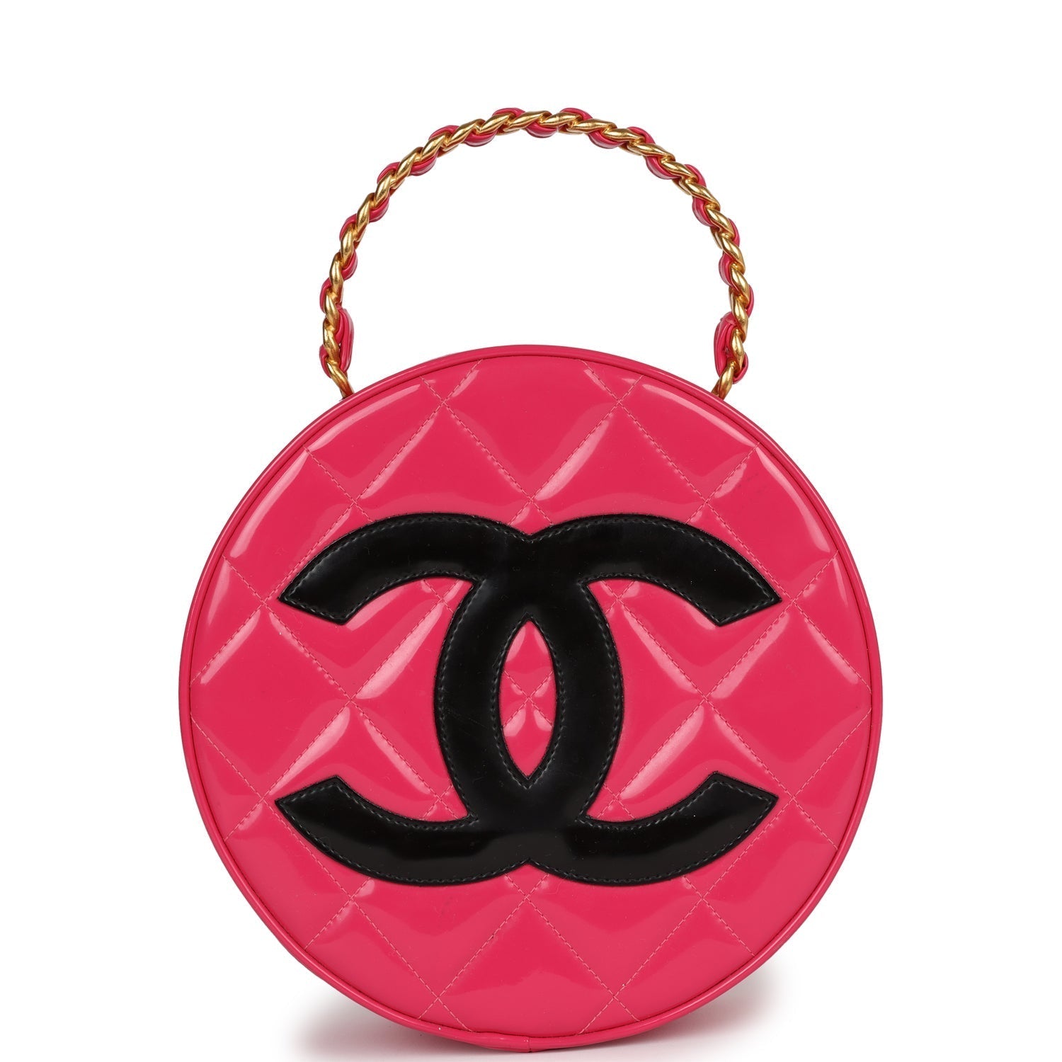 Vintage Chanel Round Vanity Bag Pink and Black Patent Leather Antique Gold Hardware