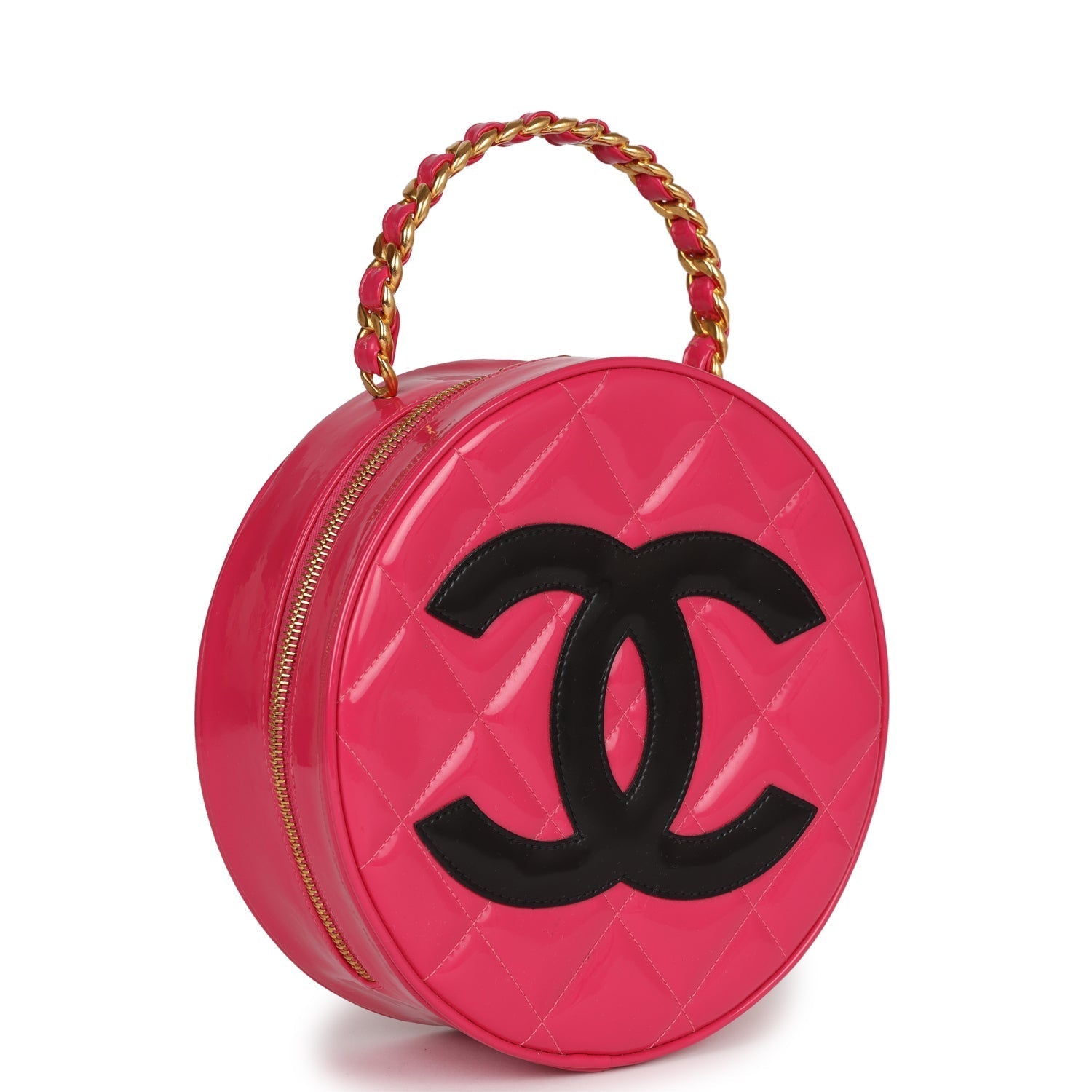 Vintage Chanel Round Vanity Bag Pink and Black Patent Leather Antique Gold Hardware