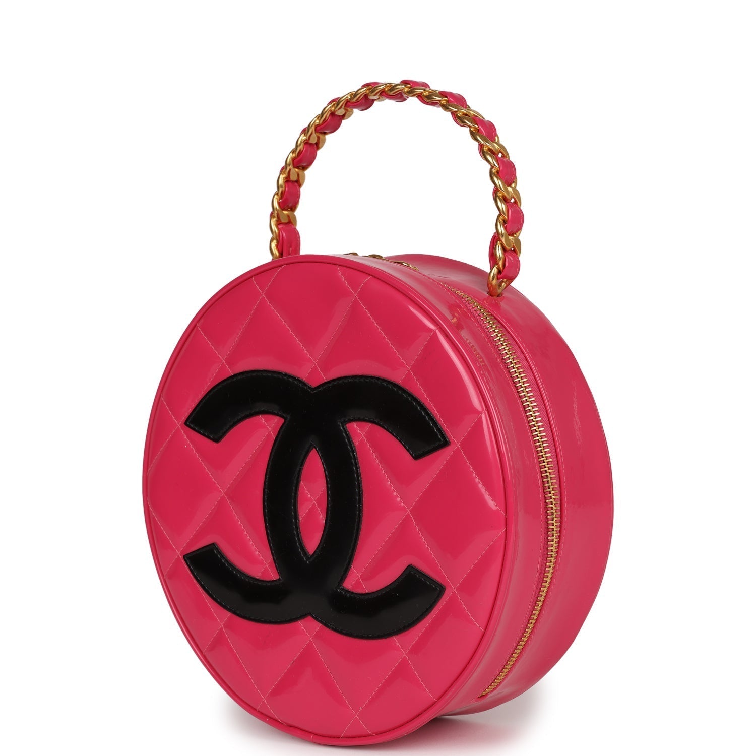 Vintage Chanel Round Vanity Bag Pink and Black Patent Leather Antique Gold Hardware