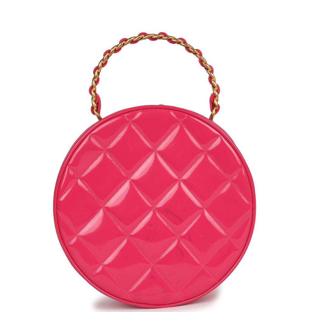 Vintage Chanel Round Vanity Bag Pink and Black Patent Leather Antique Gold Hardware