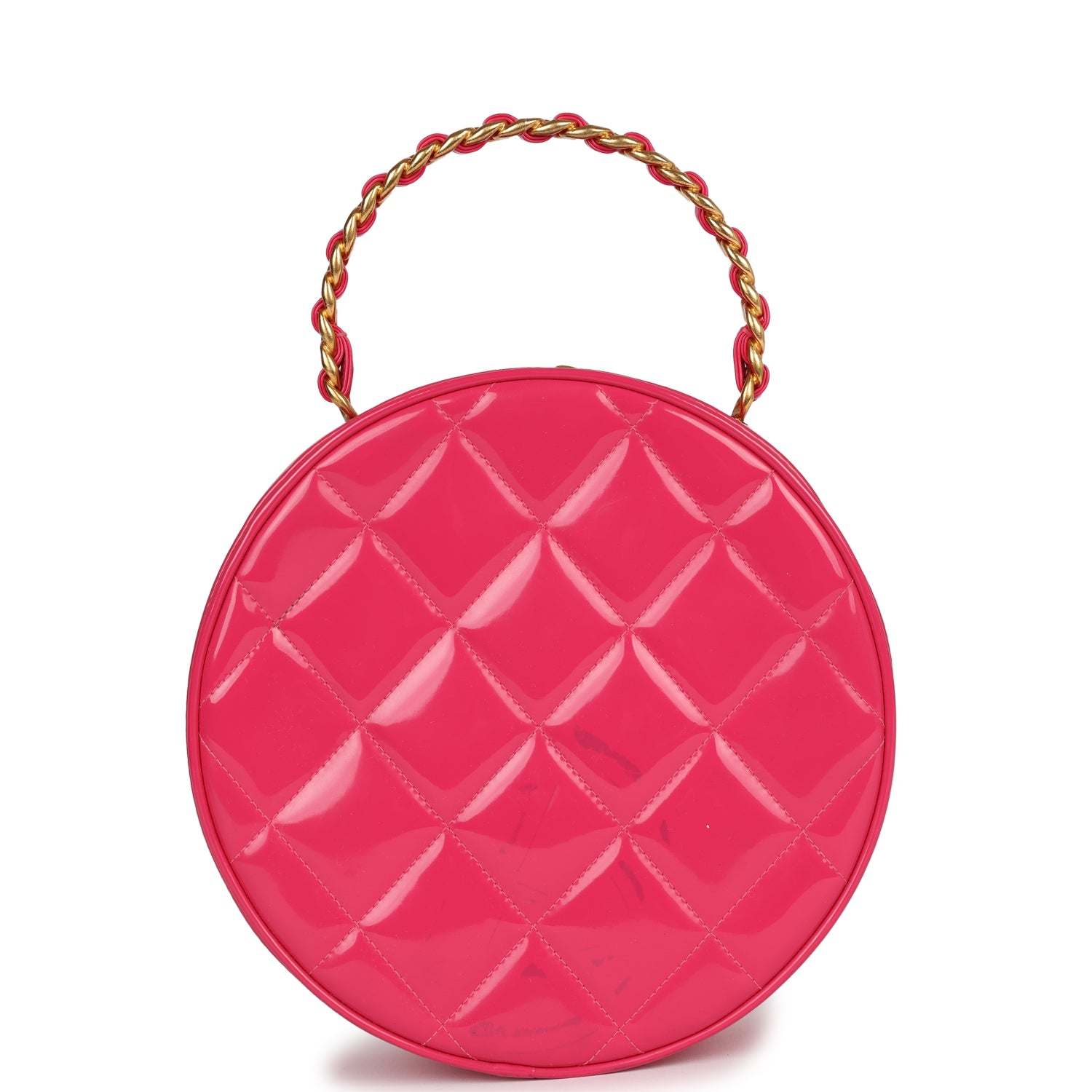 Vintage Chanel Round Vanity Bag Pink and Black Patent Leather Antique Gold Hardware