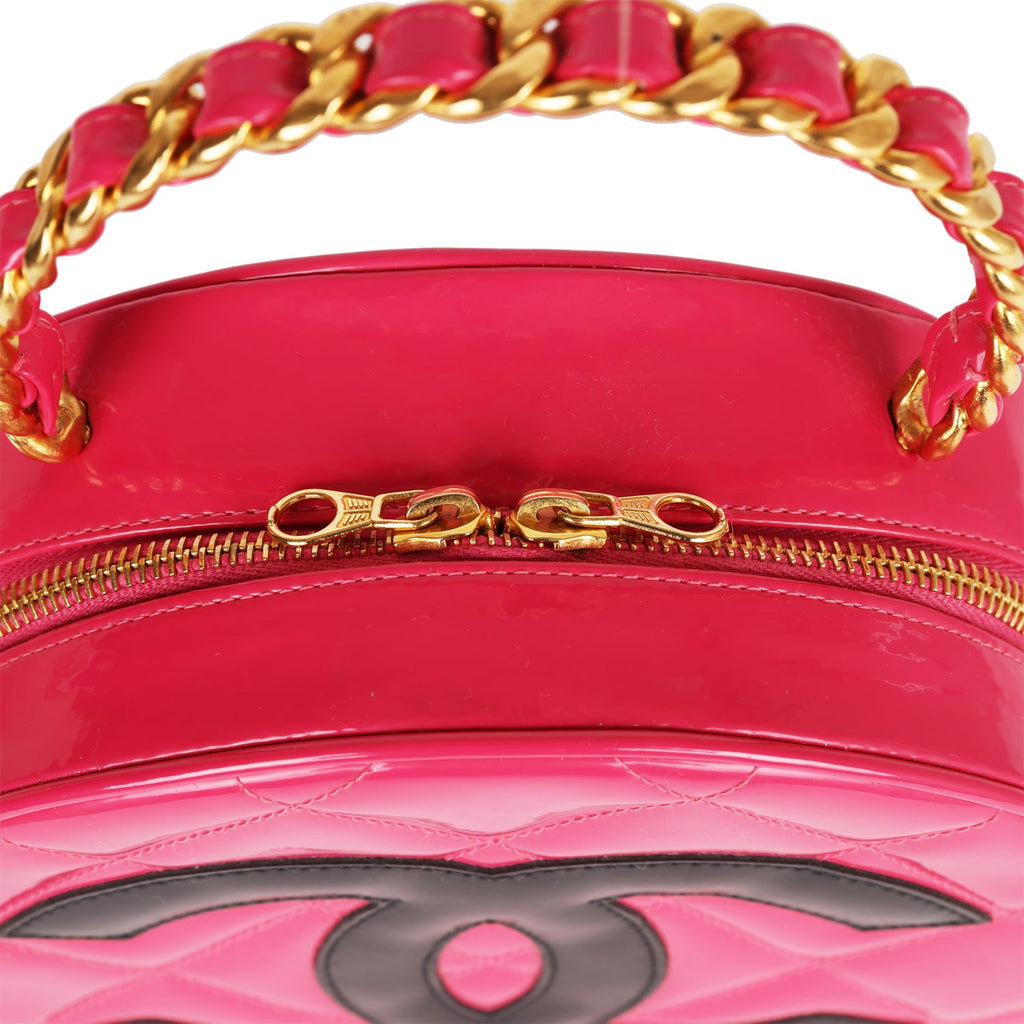 Vintage Chanel Round Vanity Bag Pink and Black Patent Leather Antique Gold Hardware