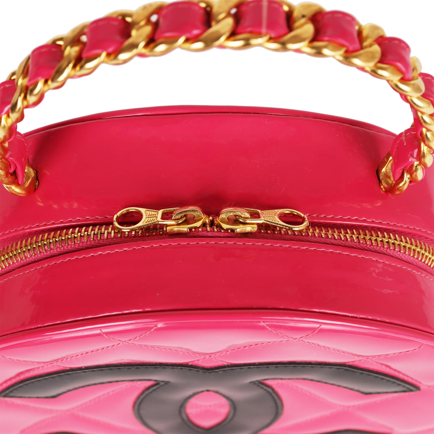 Vintage Chanel Round Vanity Bag Pink and Black Patent Leather Antique Gold Hardware