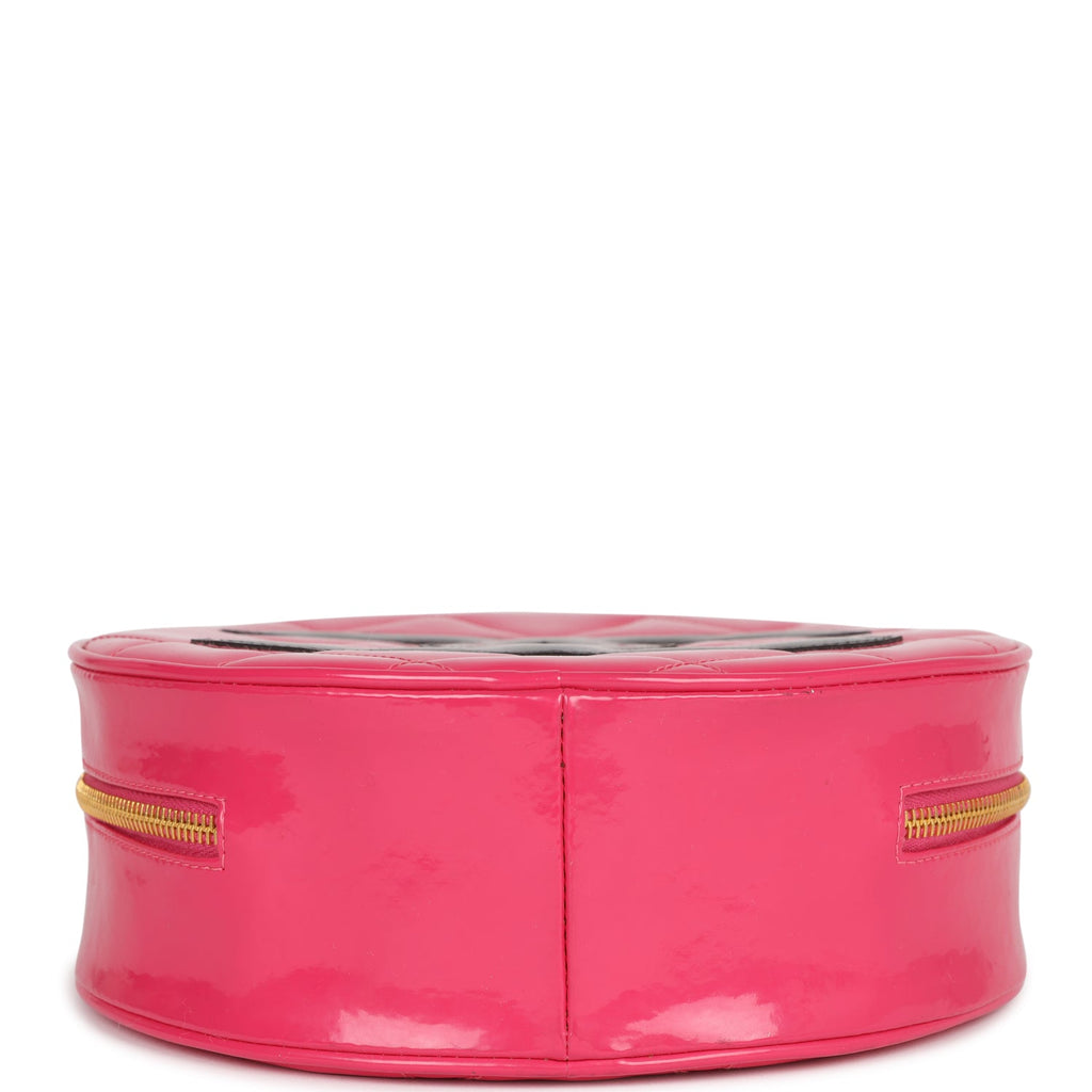 Vintage Chanel Round Vanity Bag Pink and Black Patent Leather Antique Gold Hardware