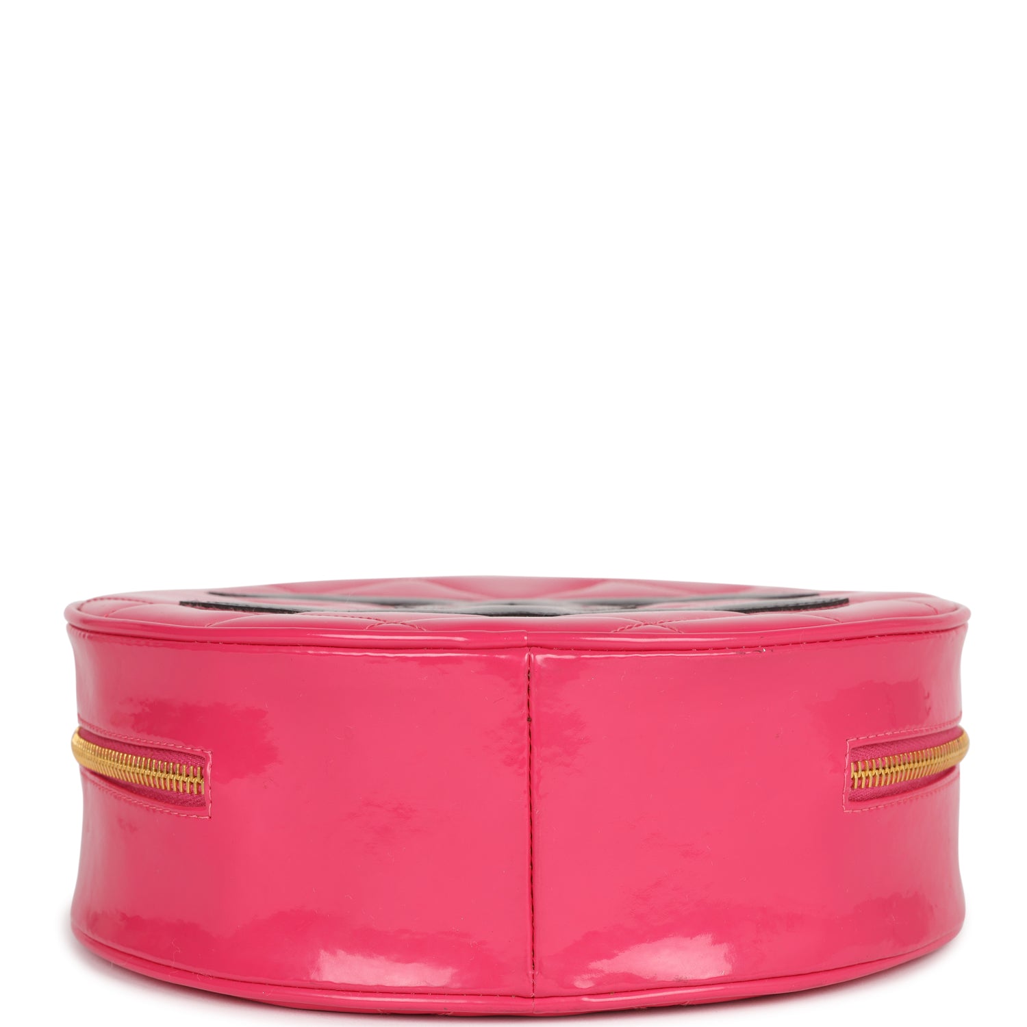 Vintage Chanel Round Vanity Bag Pink and Black Patent Leather Antique Gold Hardware