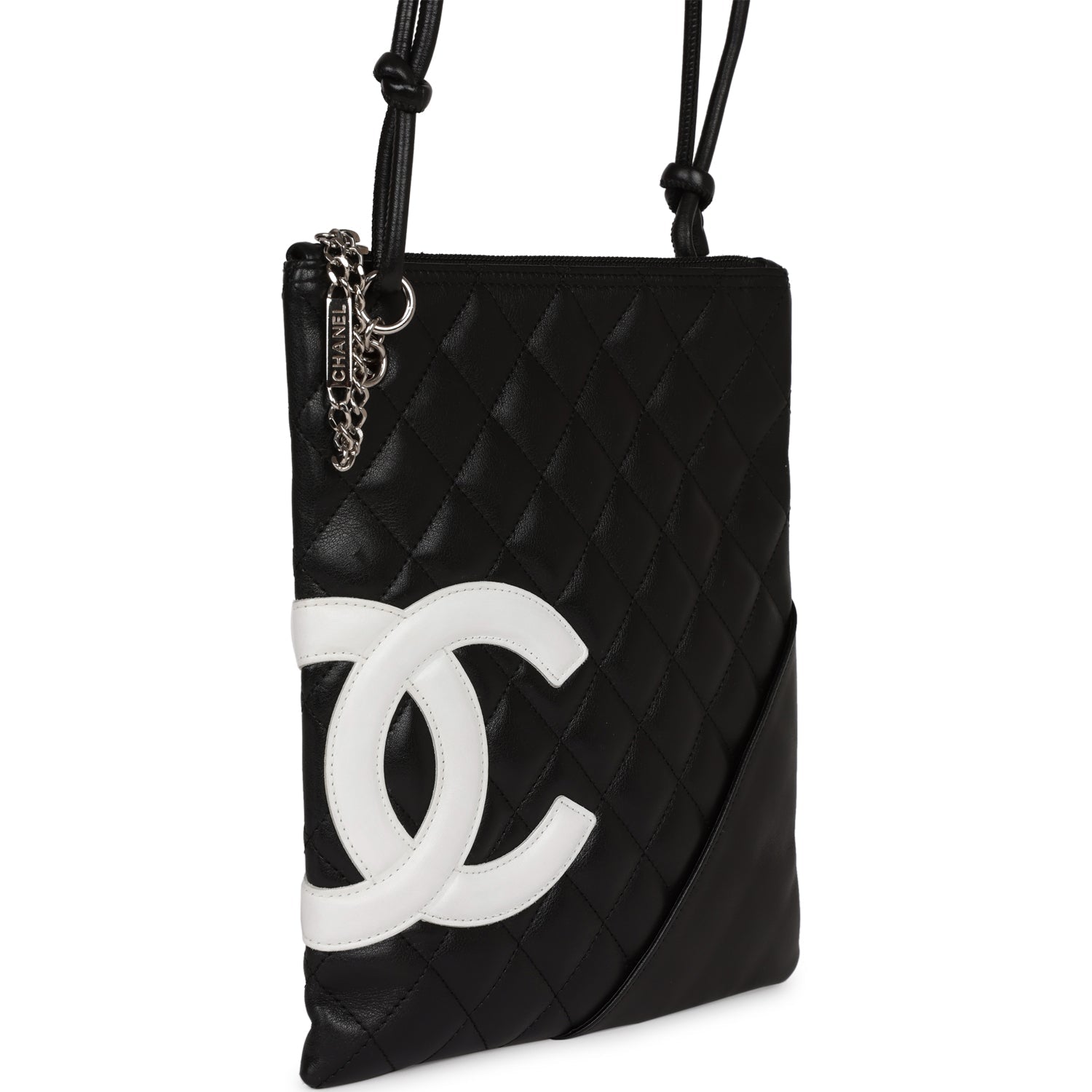 Vintage Chanel Cambon Flat Messenger Black and White Lambskin Silver Hardware