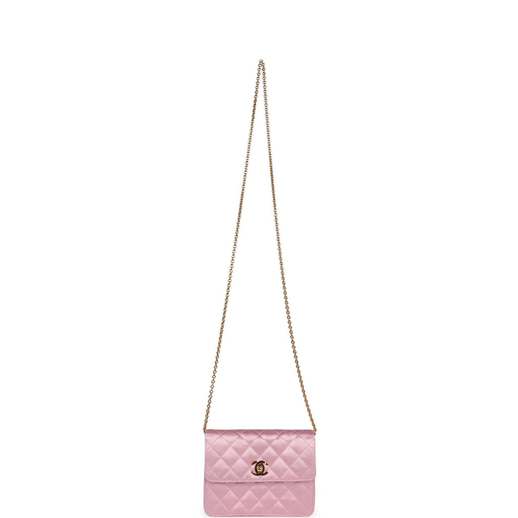 Vintage Chanel Mini Straight Flap Bag Pink Satin Gold Hardware