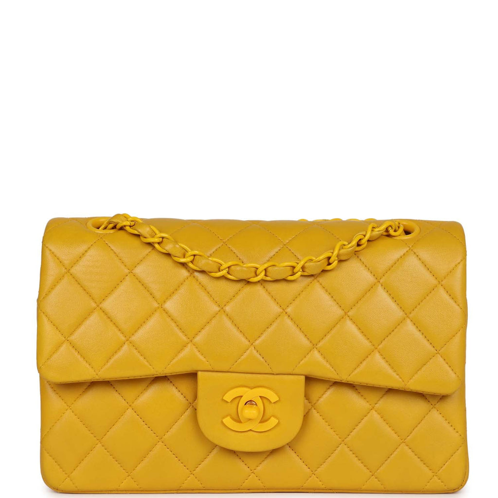 Vintage Chanel Small Classic Double Flap Bag Yellow Lambskin Yellow Hardware
