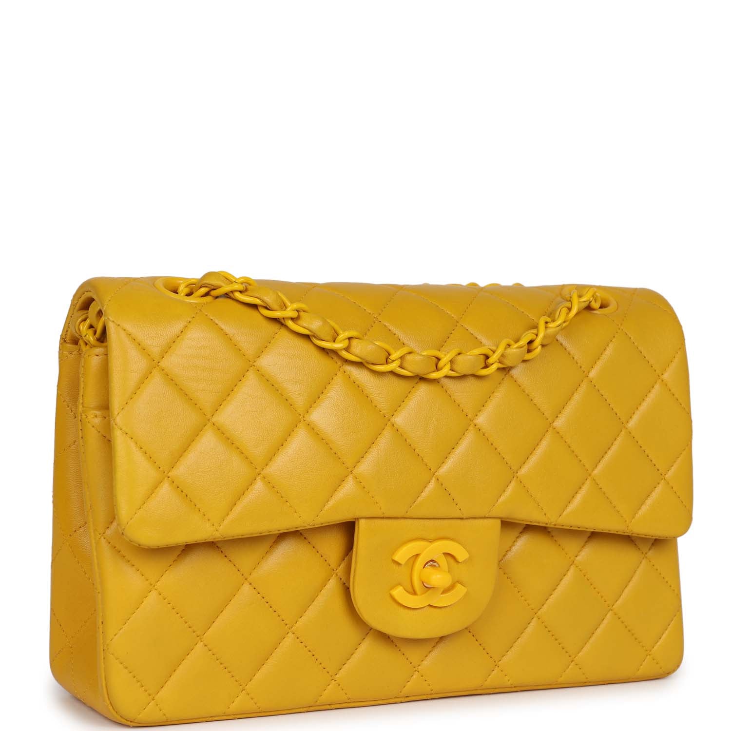 Vintage Chanel Small Classic Double Flap Bag Yellow Lambskin Yellow Hardware