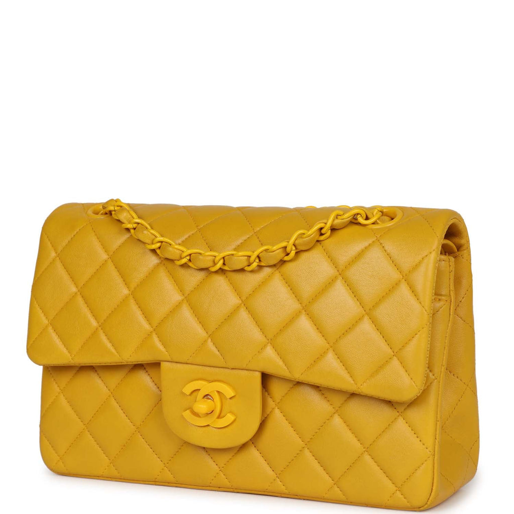 Vintage Chanel Small Classic Double Flap Bag Yellow Lambskin Yellow Hardware