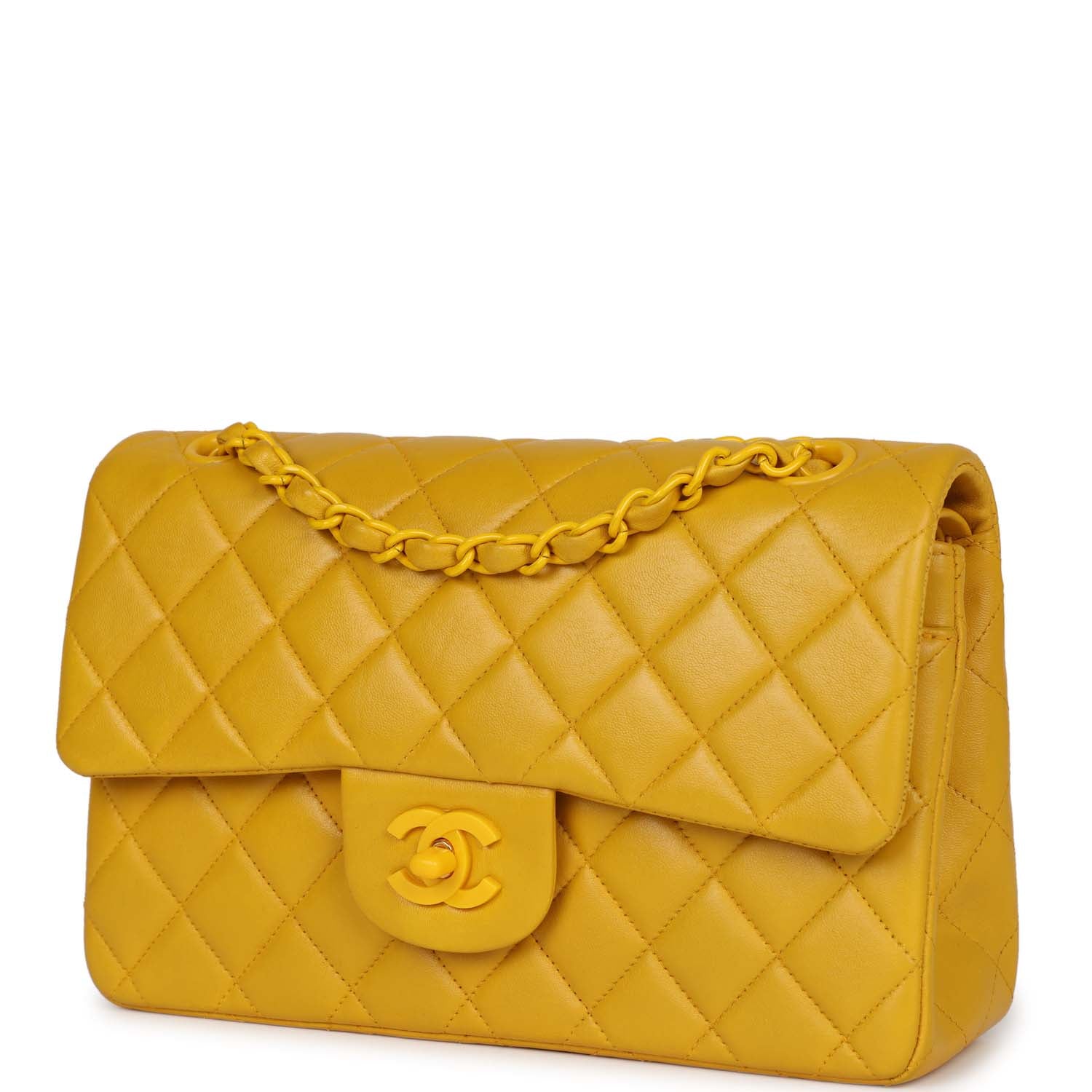 Vintage Chanel Small Classic Double Flap Bag Yellow Lambskin Yellow Hardware