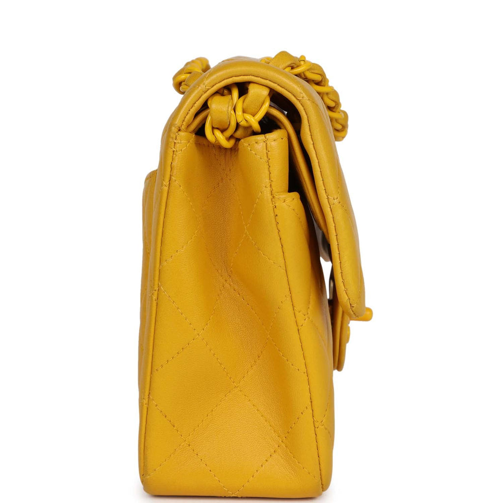 Vintage Chanel Small Classic Double Flap Bag Yellow Lambskin Yellow Hardware