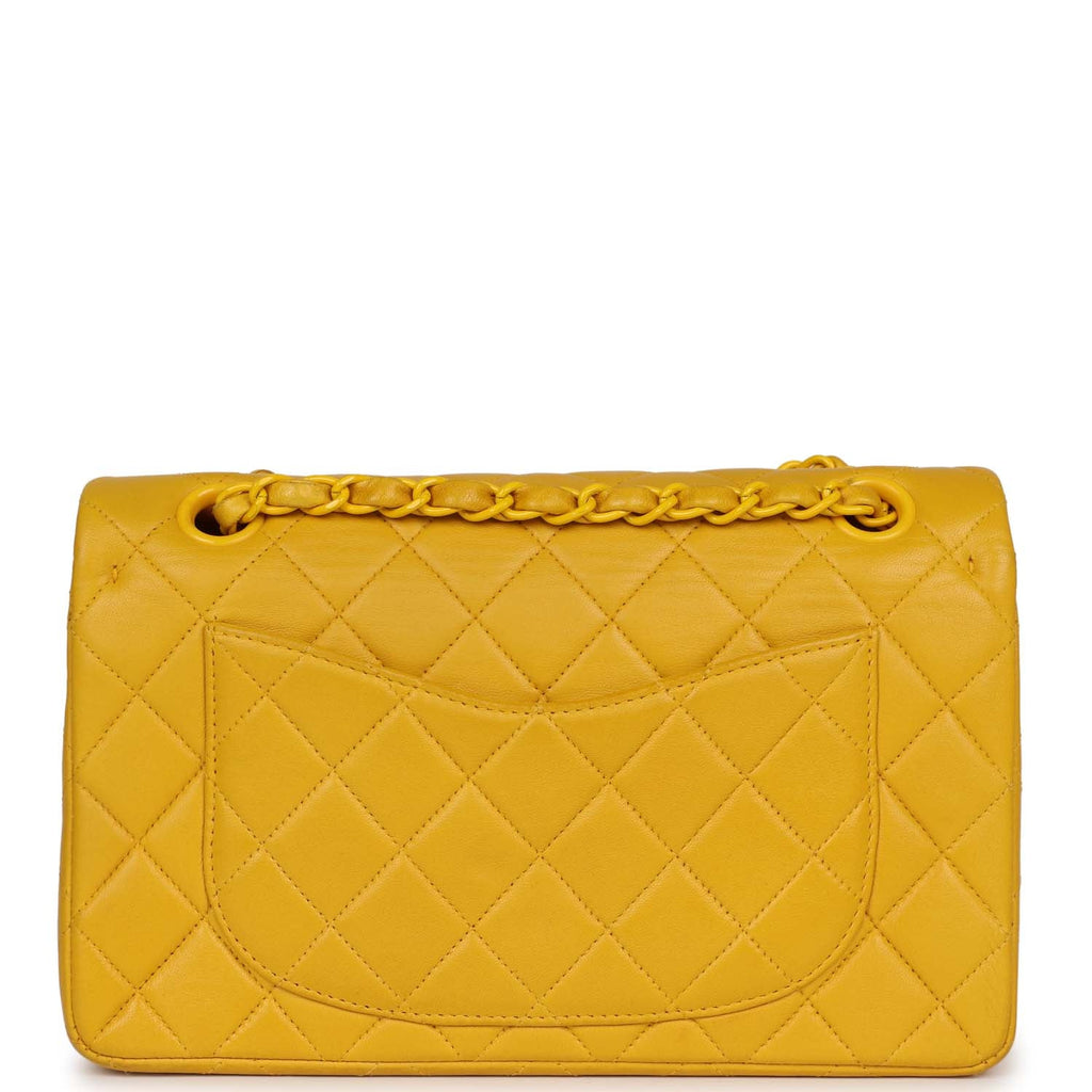 Vintage Chanel Small Classic Double Flap Bag Yellow Lambskin Yellow Hardware