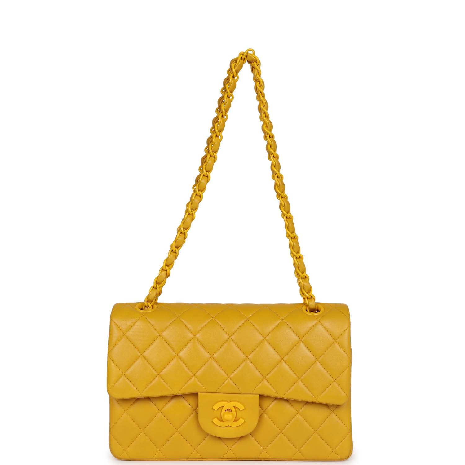 Vintage Chanel Small Classic Double Flap Bag Yellow Lambskin Yellow Hardware