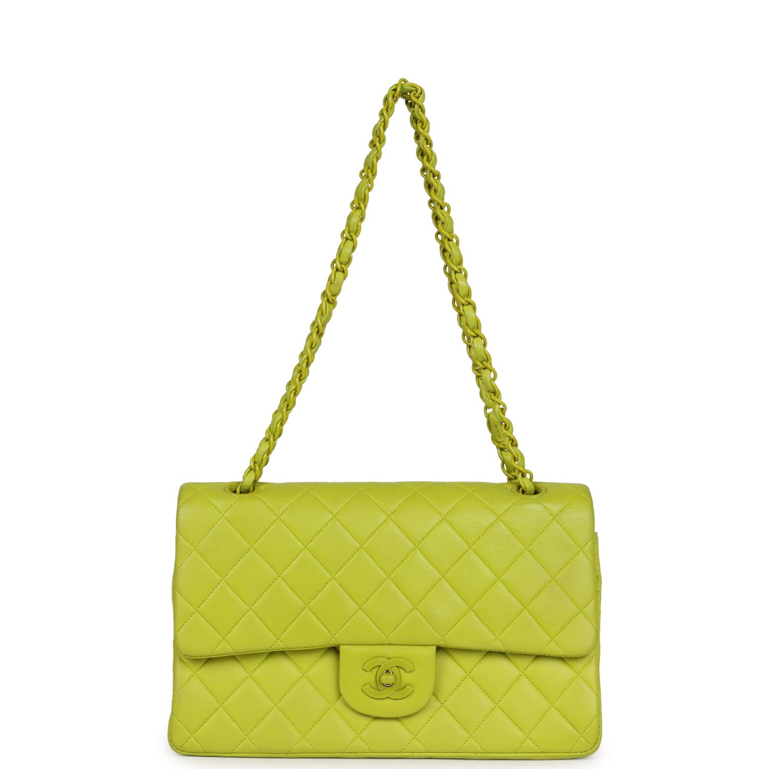 Vintage Chanel Medium Classic Double Flap Lime Green Lambskin Green Hardware
