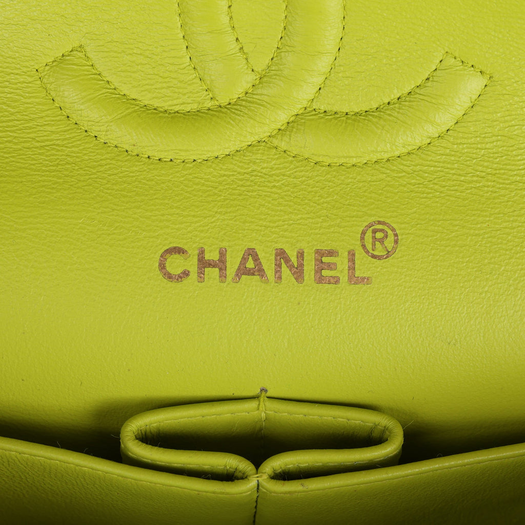 Vintage Chanel Medium Classic Double Flap Lime Green Lambskin Green Hardware