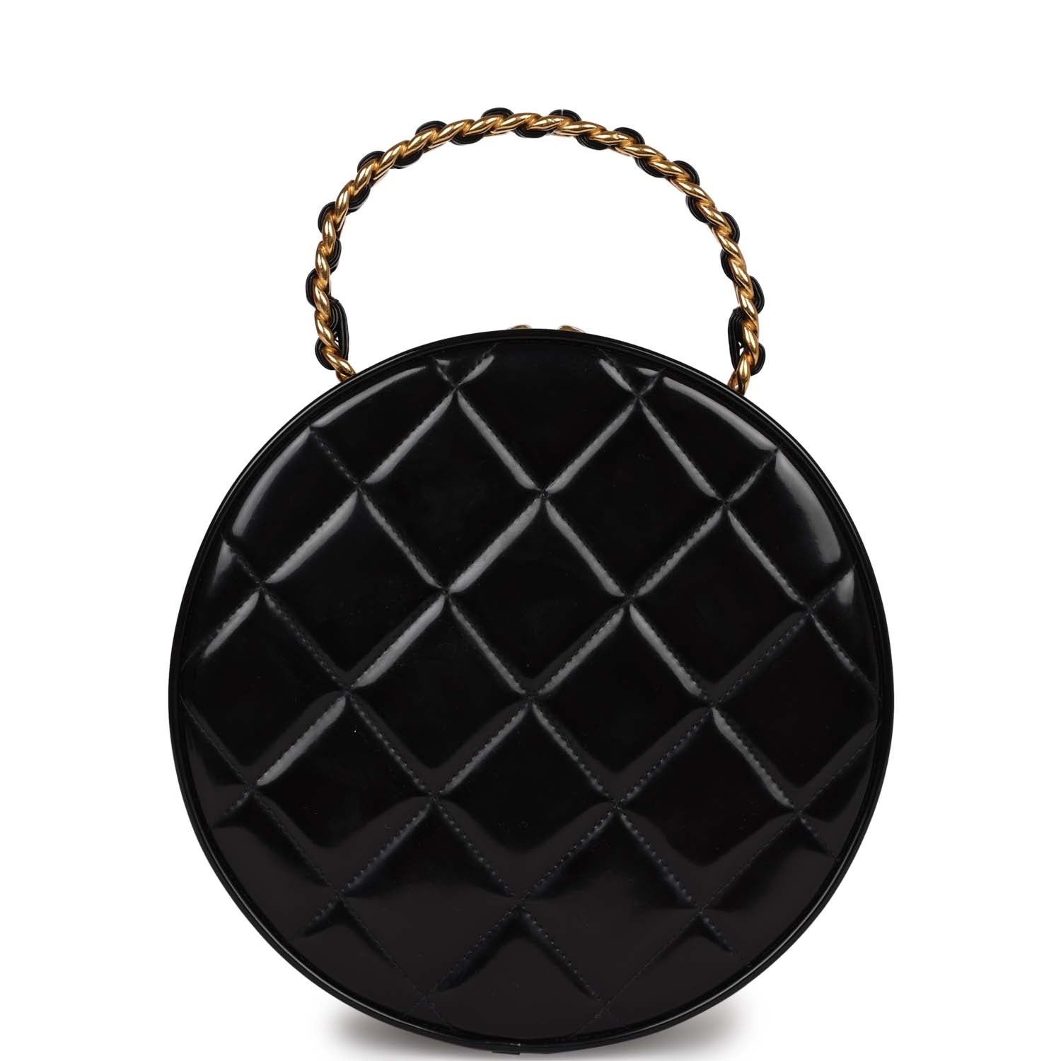 Vintage Chanel Round Vanity Bag Black and White Patent Leather Antique Gold Hardware