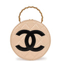 Vintage Chanel Round Vanity Bag Beige and Black Patent Leather Antique Gold Hardware