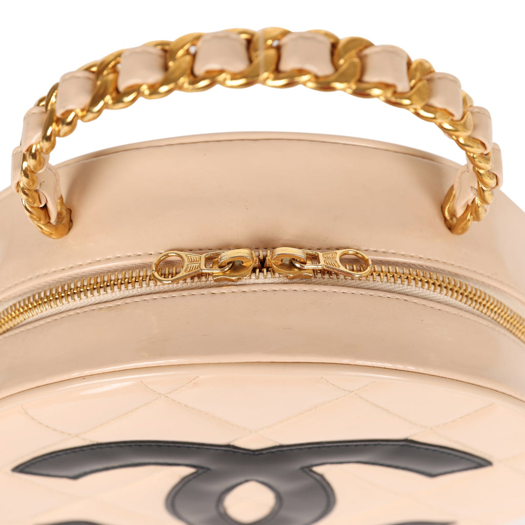 Vintage Chanel Round Vanity Bag Beige and Black Patent Leather Antique Gold Hardware