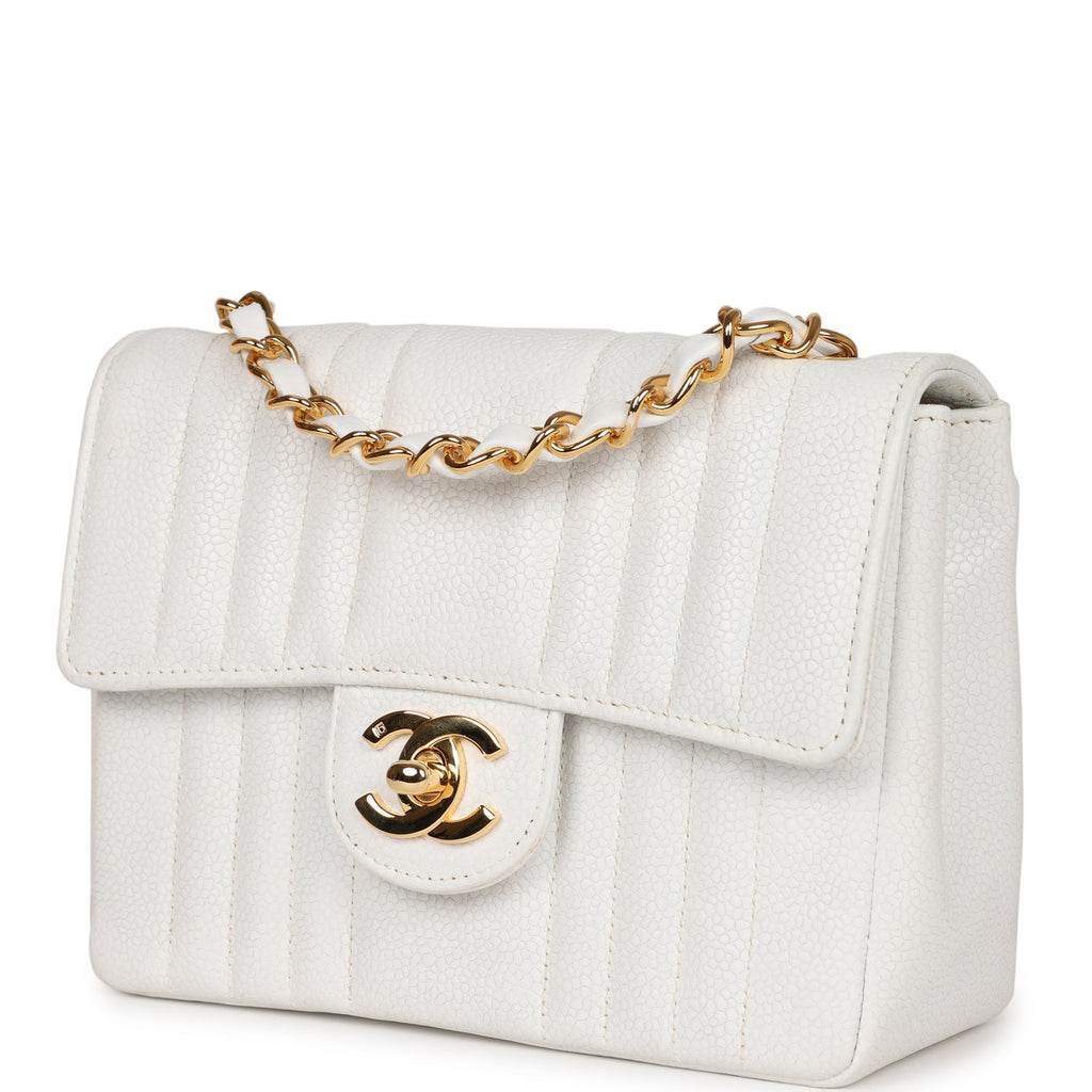 Vintage Chanel Mini Square Flap Vertical Stripe White Caviar Gold Hardware