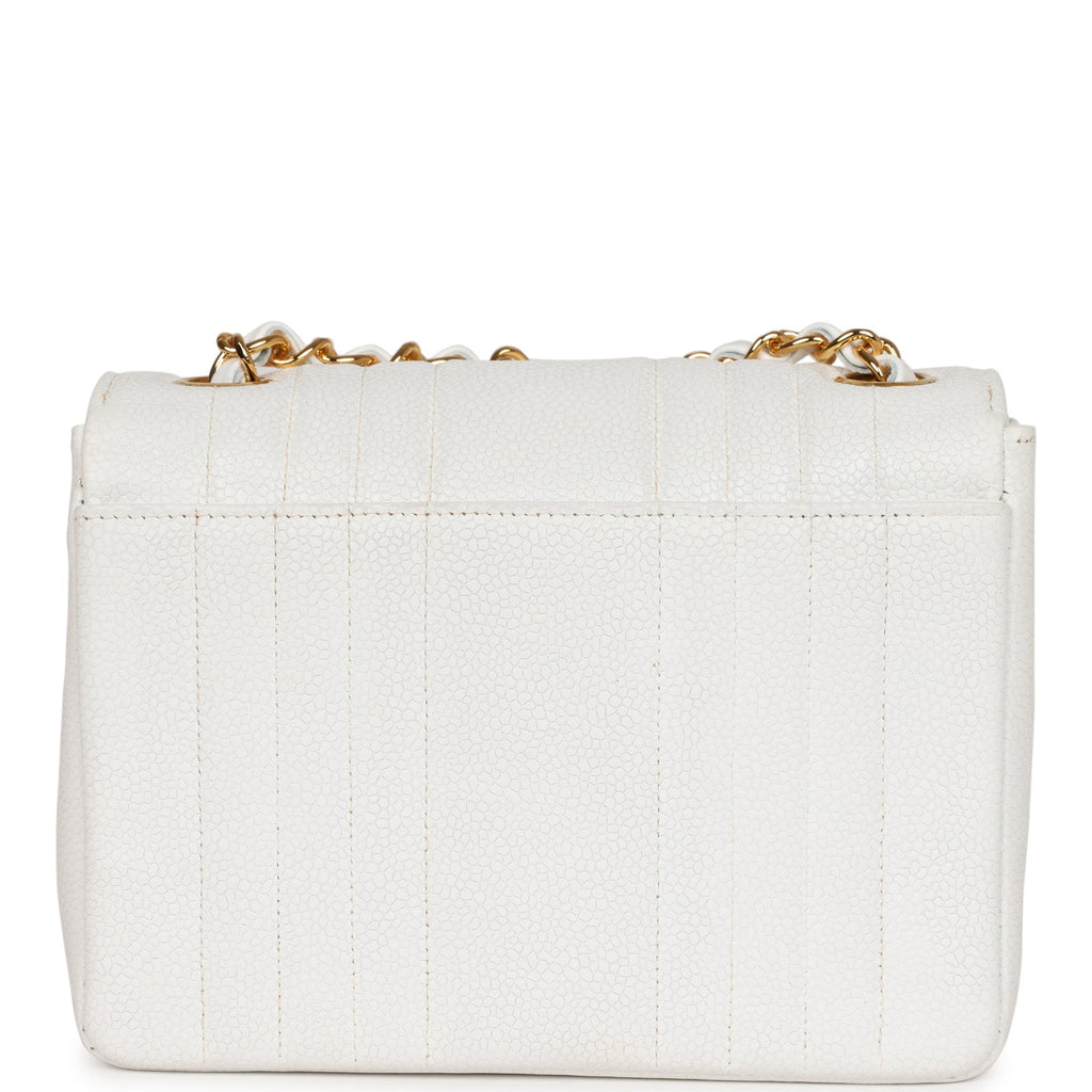 Vintage Chanel Mini Square Flap Vertical Stripe White Caviar Gold Hardware